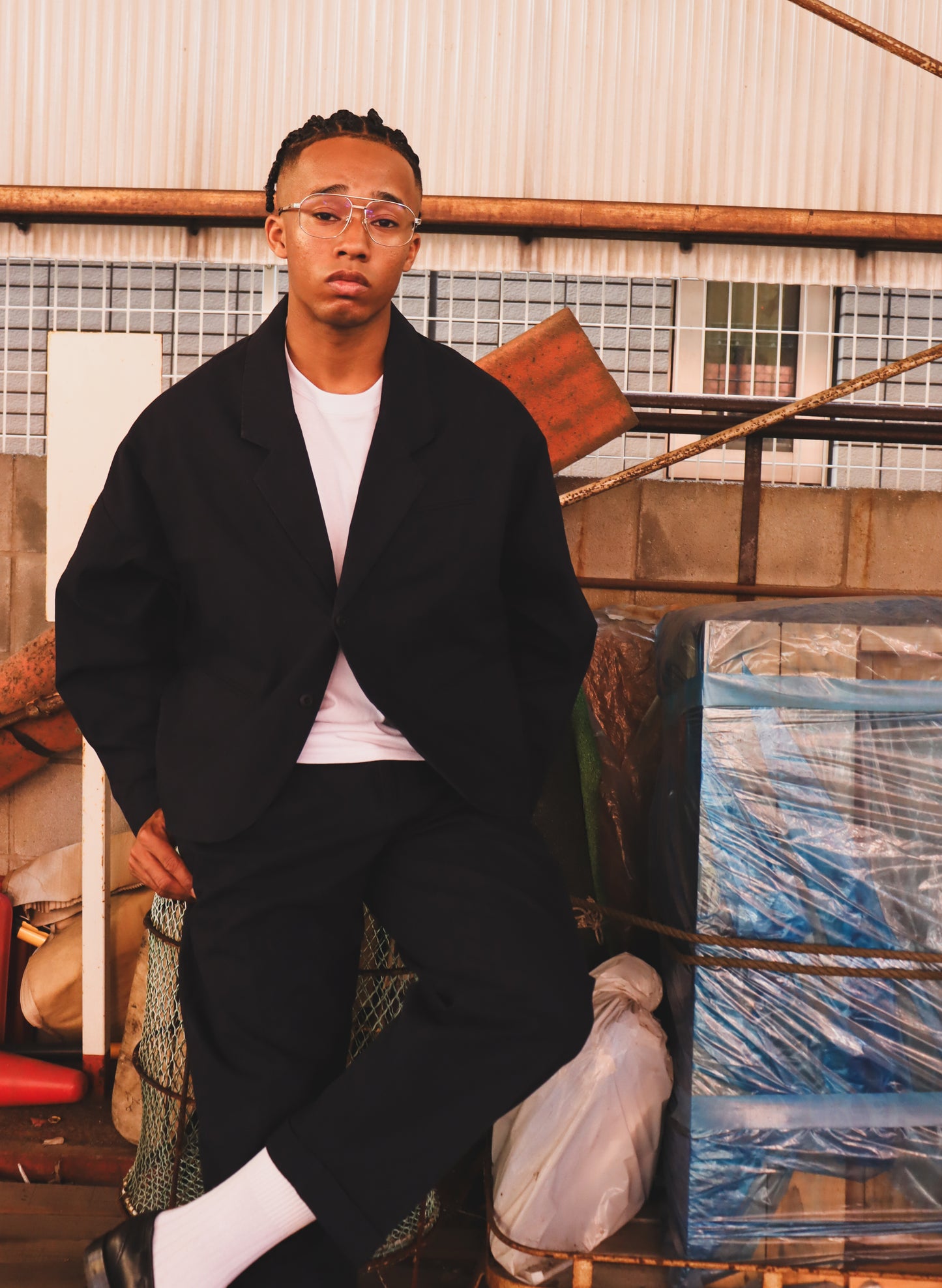 WOODBLOCK HERRINGBONE 2BTN WIDE SLEEVE JACKET NAVY(WB-25AW-004)