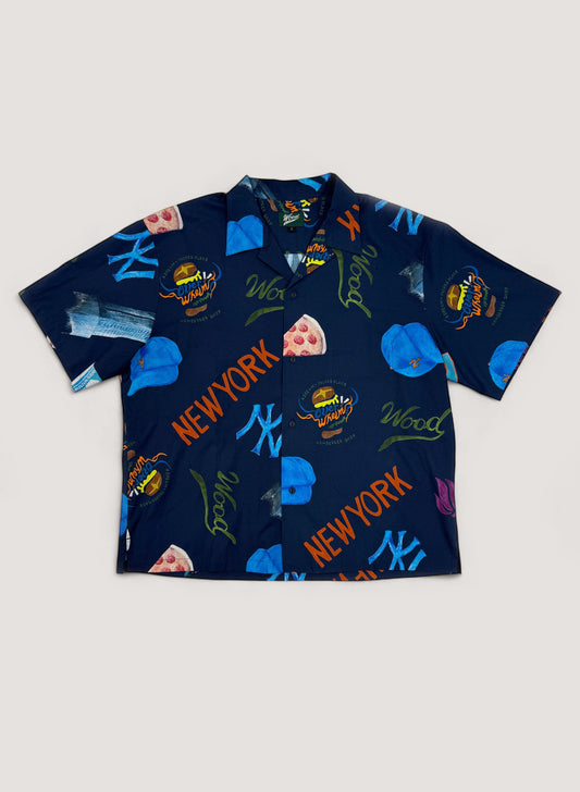 WOODBLOCK x OVERWHELM NEW YORK S/S OPEN COLLAR SHIRT NAVY(Graphic by TSUYOSHI YAMANAKA)(WB-25SS-017)