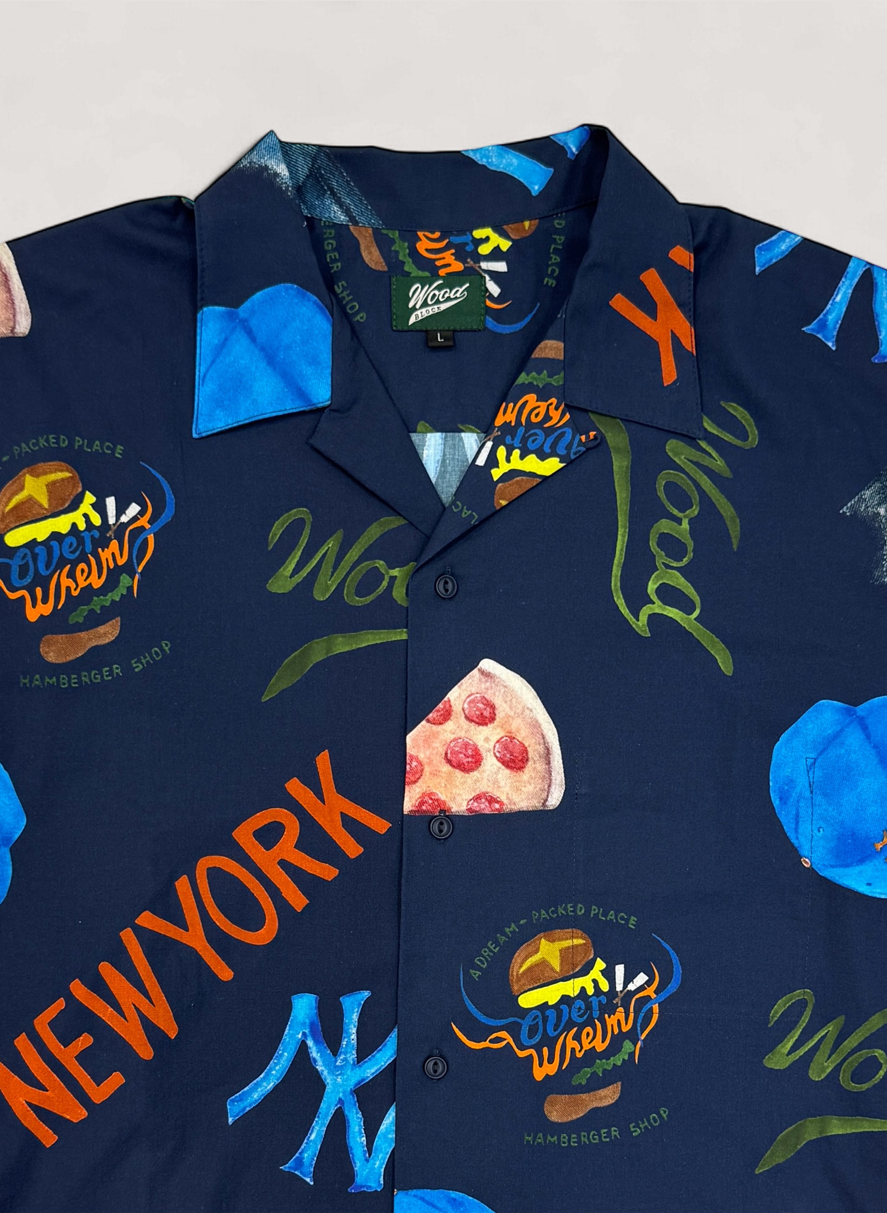 トップス L WOODBLOCK OVERWHELM OPEN COLLAR SHIRT WOODBLOCK x OVERWHELM NEW YORK S/S OPEN COLLAR SHIRT NAVY
