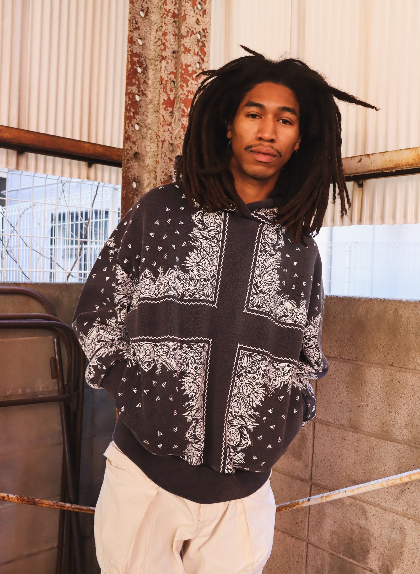 WOODBLOCK BANDANA SWEAT HOODIE NAVY (WB-26SS-001)