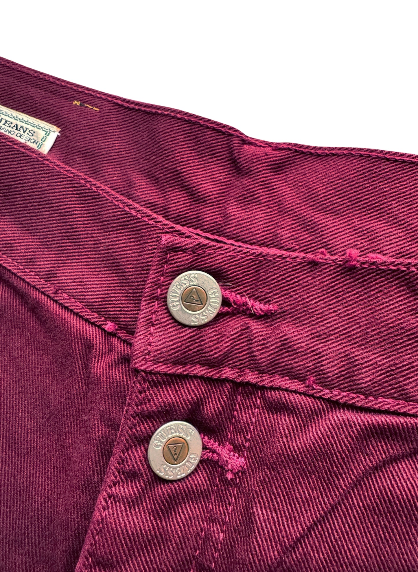 (SUP-389) DEADSTOCK GUESS DENIM JORTS "BURGUNDY" - MADE IN U.S.A. (w36)