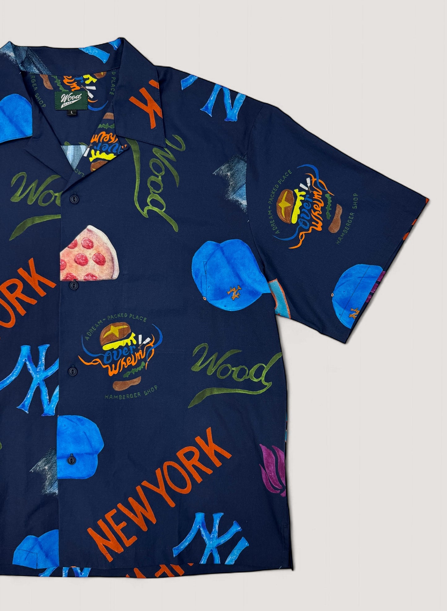 WOODBLOCK x OVERWHELM NEW YORK S/S OPEN COLLAR SHIRT NAVY(Graphic by TSUYOSHI YAMANAKA)(WB-25SS-017)