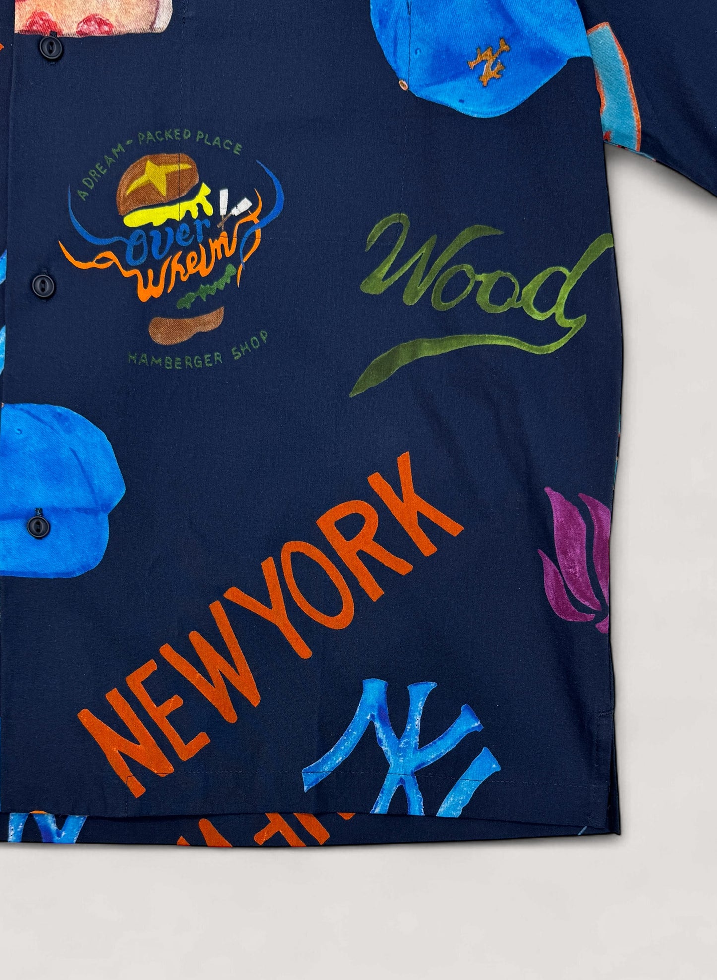 WOODBLOCK x OVERWHELM NEW YORK S/S OPEN COLLAR SHIRT NAVY(Graphic by TSUYOSHI YAMANAKA)(WB-25SS-017)