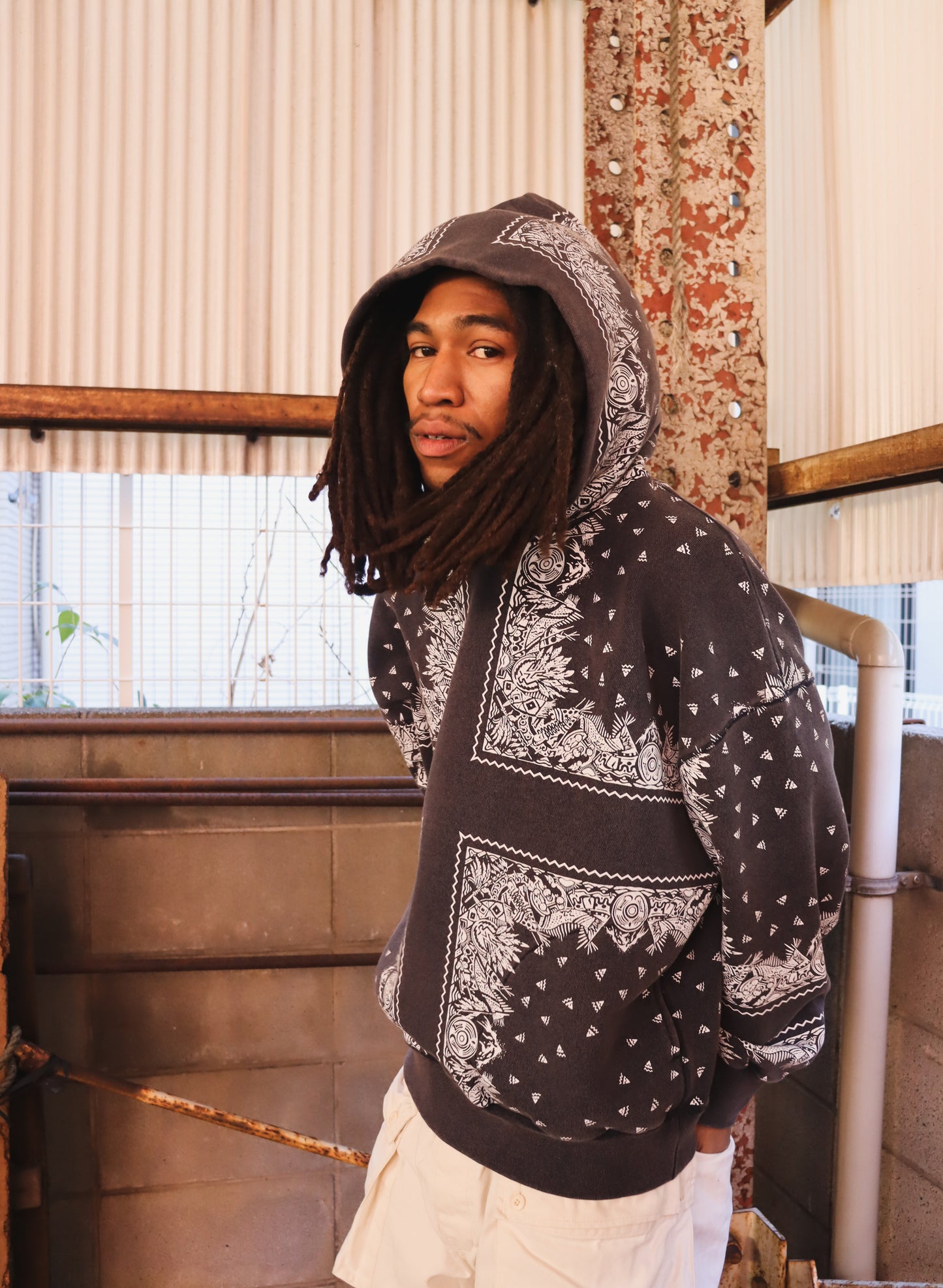 WOODBLOCK BANDANA SWEAT HOODIE NAVY (WB-26SS-001)