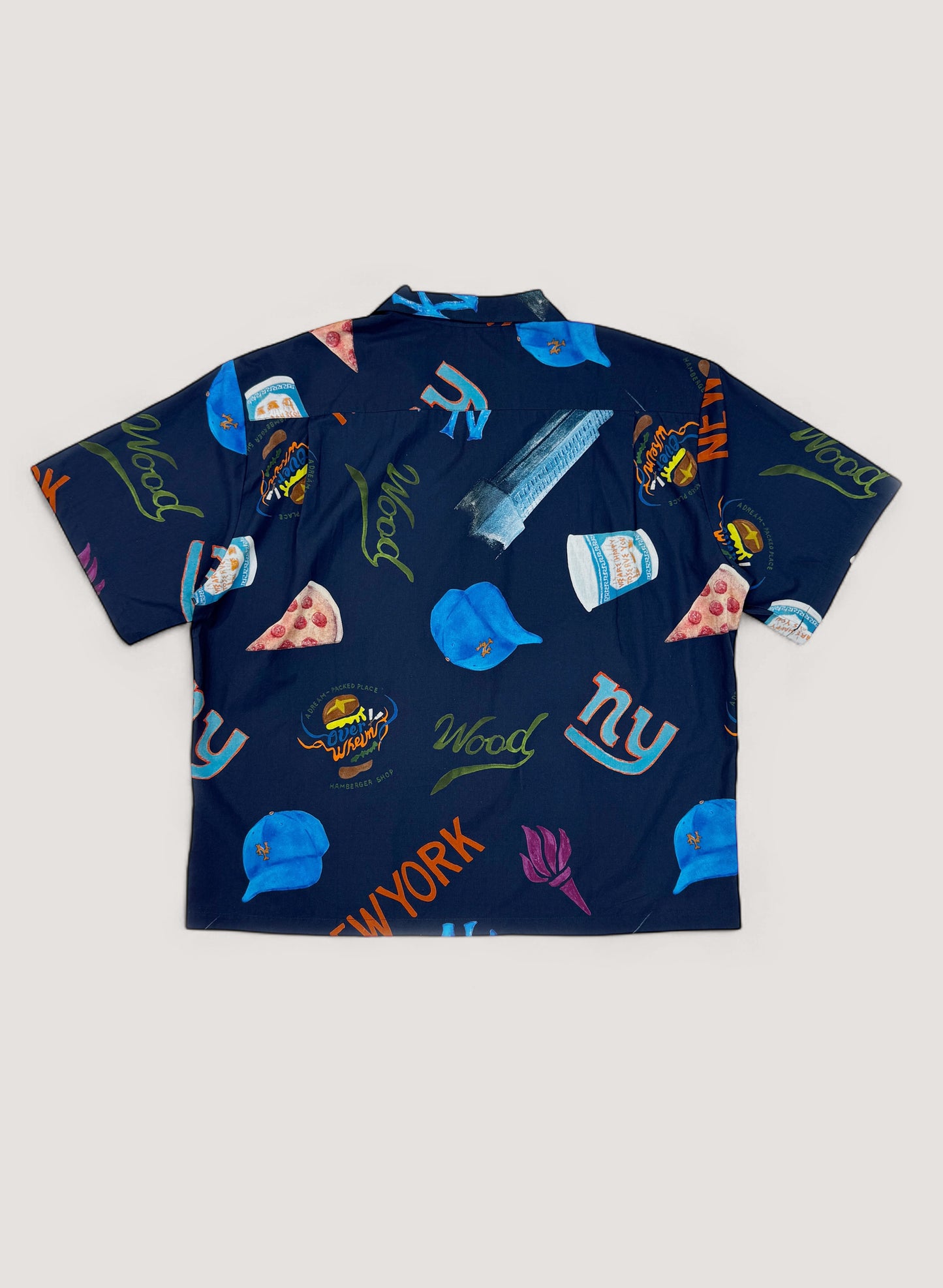 WOODBLOCK x OVERWHELM NEW YORK S/S OPEN COLLAR SHIRT NAVY(Graphic by TSUYOSHI YAMANAKA)(WB-25SS-017)
