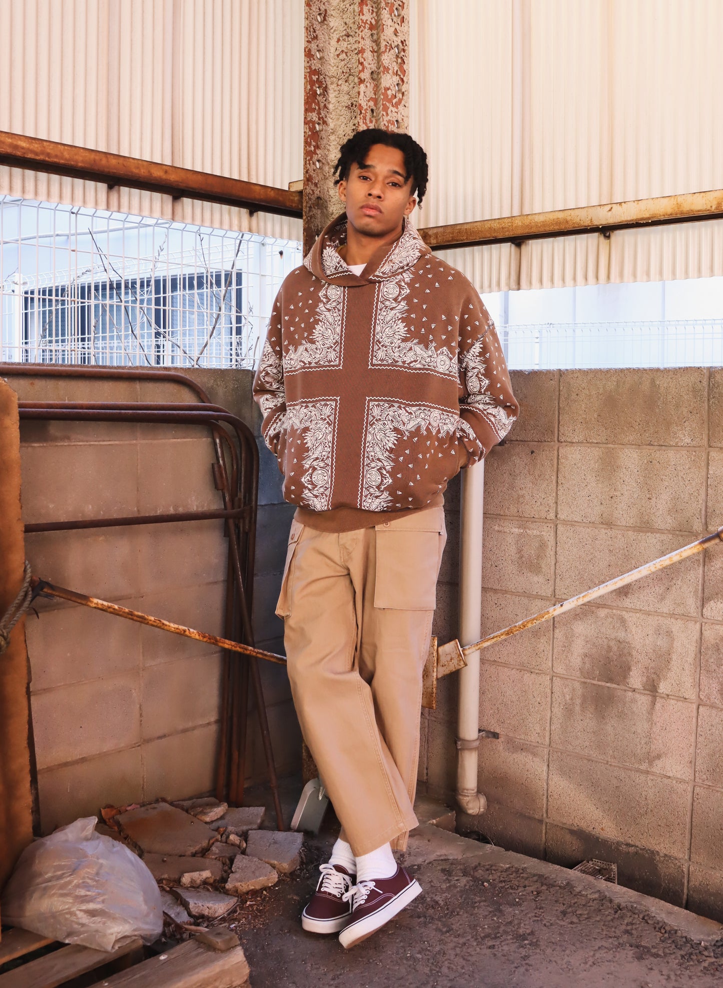 WOODBLOCK BANDANA SWEAT HOODIE BROWN (WB-26SS-001)