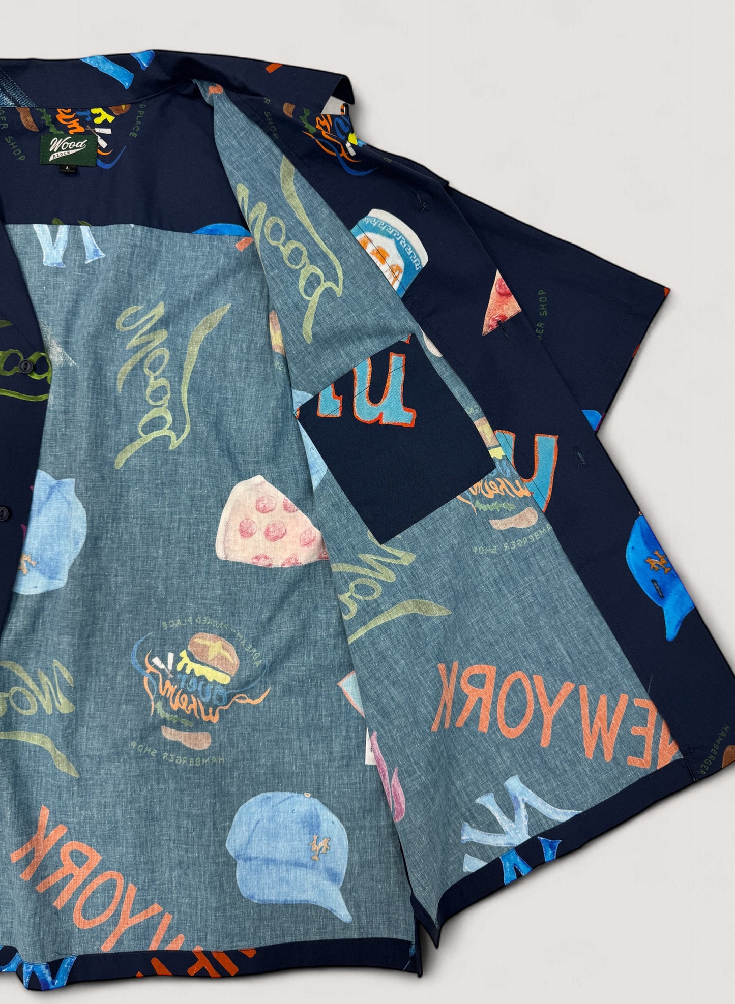 WOODBLOCK x OVERWHELM NEW YORK S/S OPEN COLLAR SHIRT NAVY(Graphic by TSUYOSHI YAMANAKA)(WB-25SS-017)
