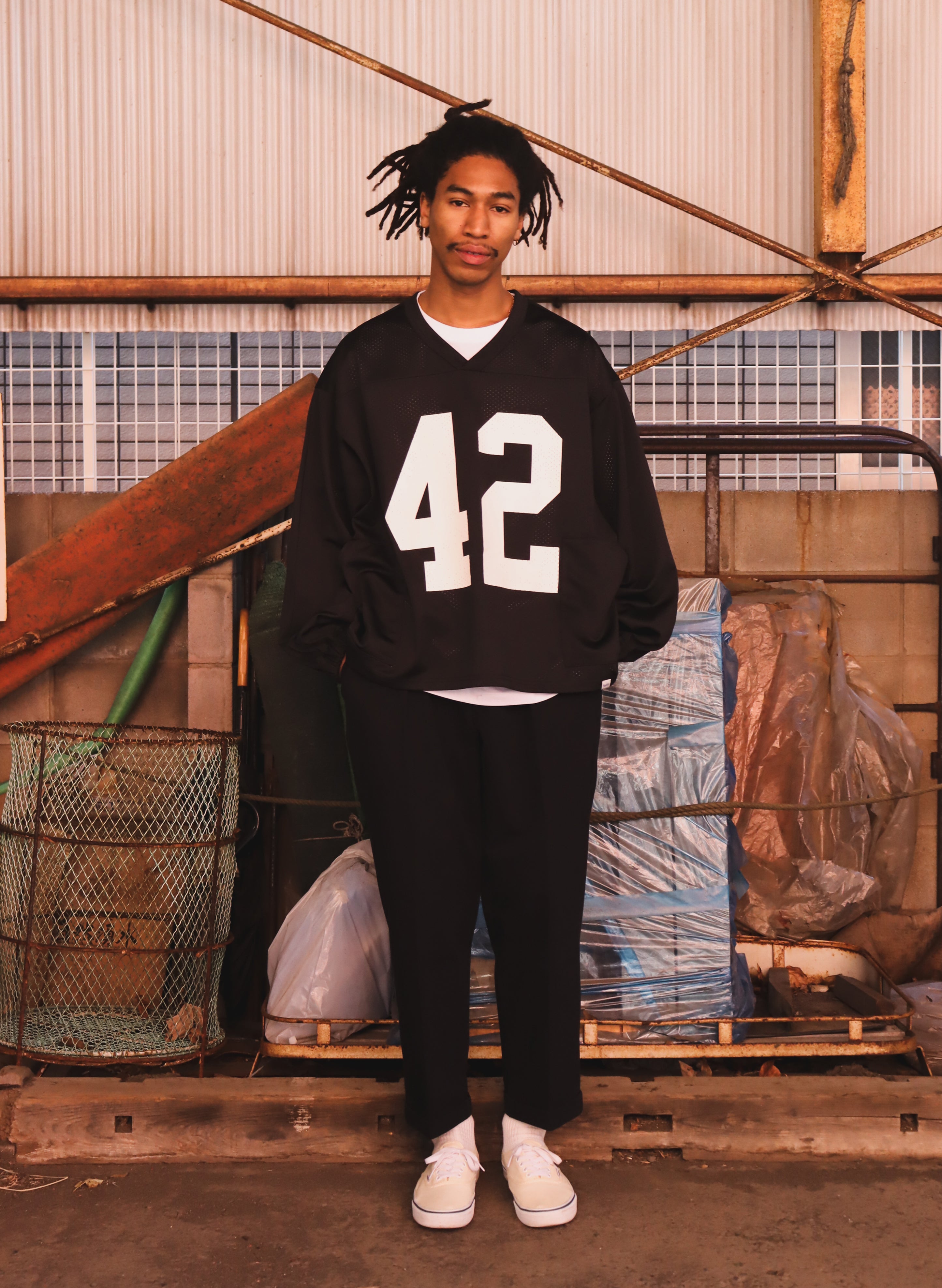 ウォームアップウェア WOODBLOCK OVERWHELM MESH FOOTBALL SHIRT WOODBLOCK 42 MESH FOOTBALL LS SHIRT NAVY/WHITE (WB-26SS-007)