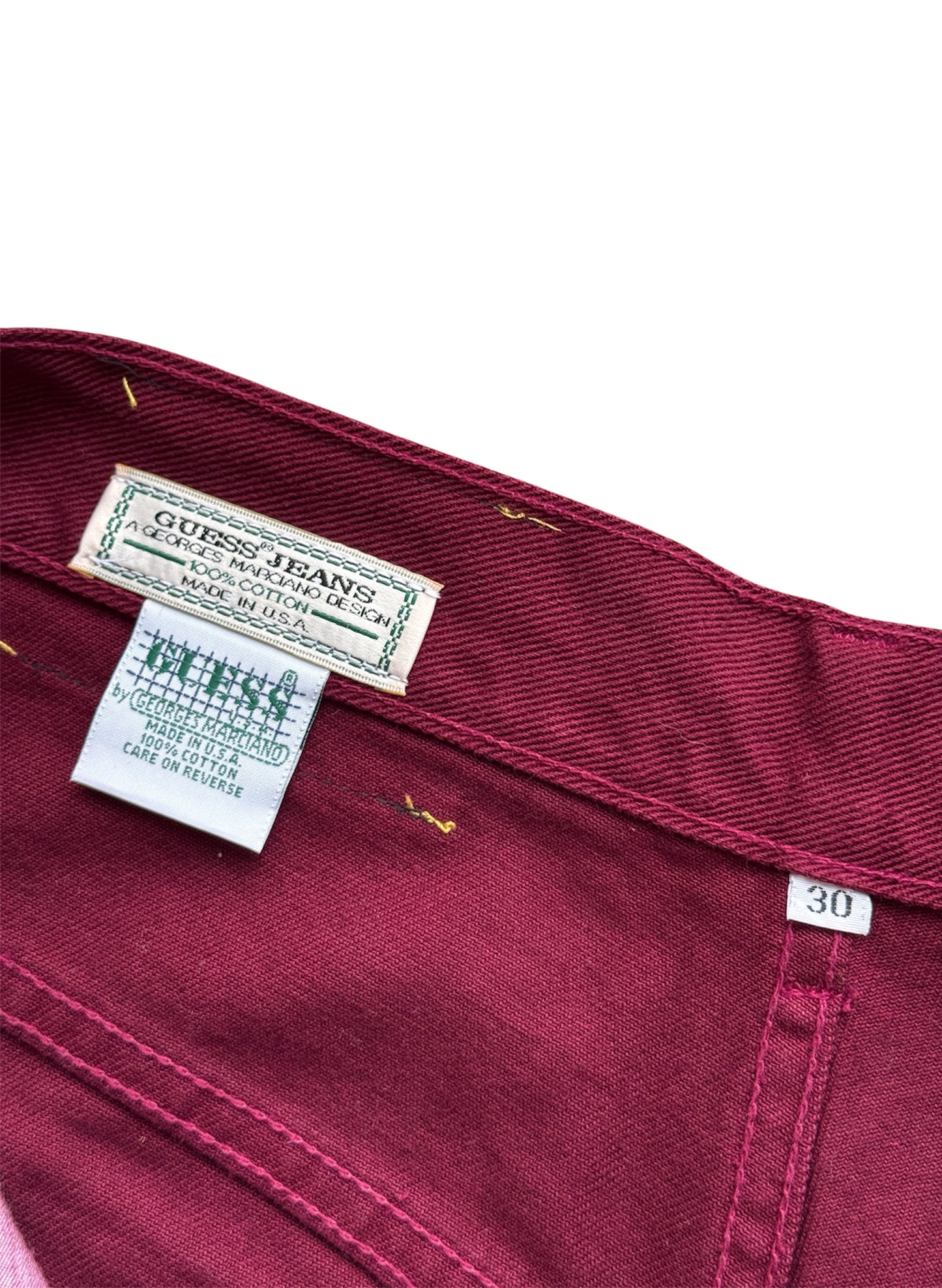 (SUP-388) DEADSTOCK GUESS DENIM JORTS "BURGUNDY" No.2 - MADE IN U.S.A. (w30)