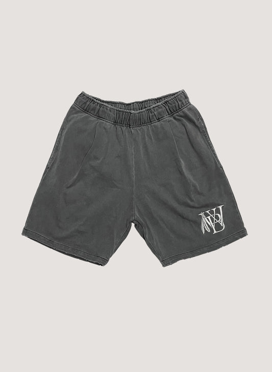 (WB-24SS-059) WOODBLOCK CUSTOMIZED EMBROIDERY & DISTRESSED EFFECT PIGMENT SHORTS BLACK