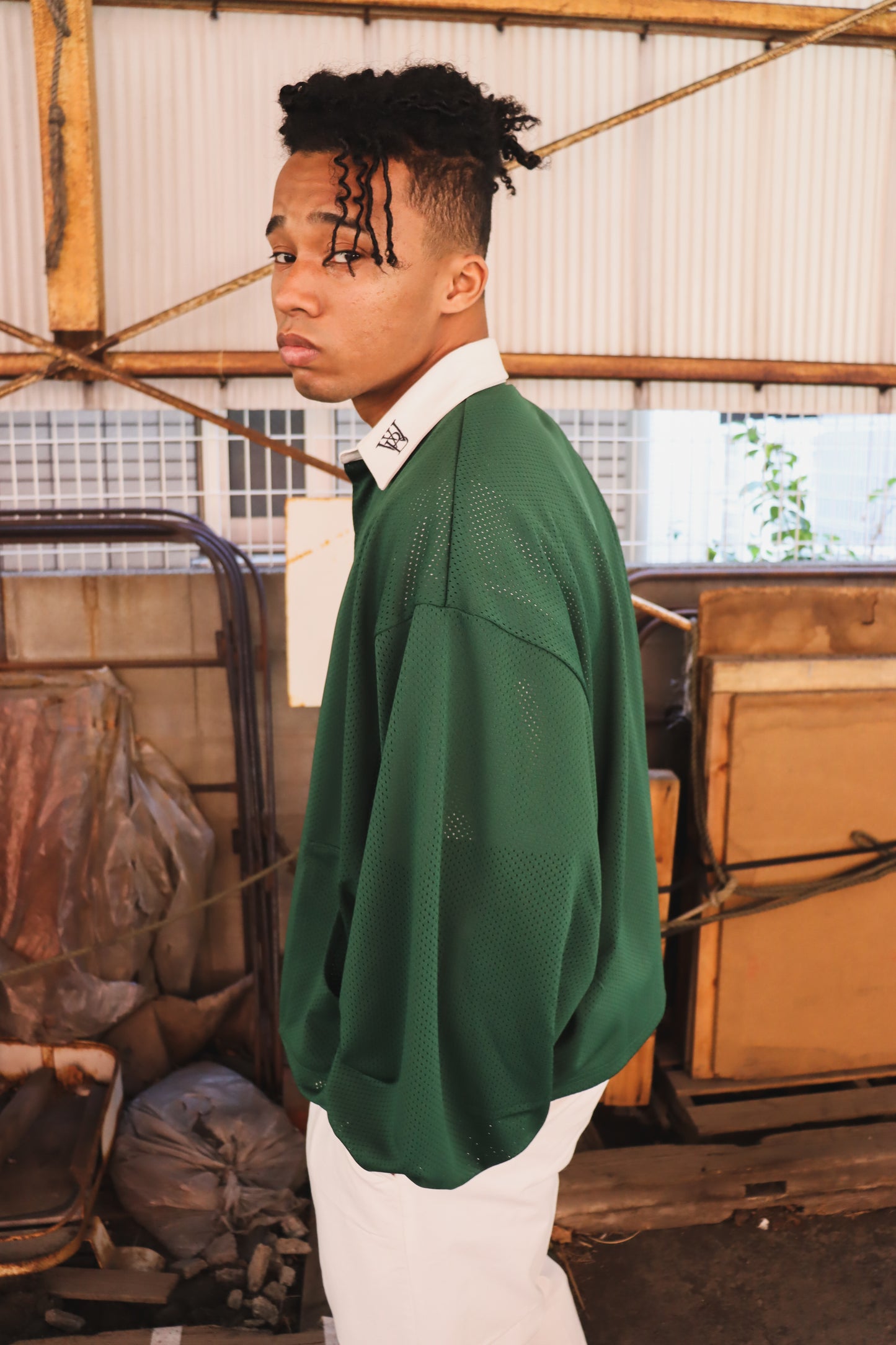 WOODBLOCK LS MESH RUGGER SHIRT GREEN/WHITE (WB-26SS-013)