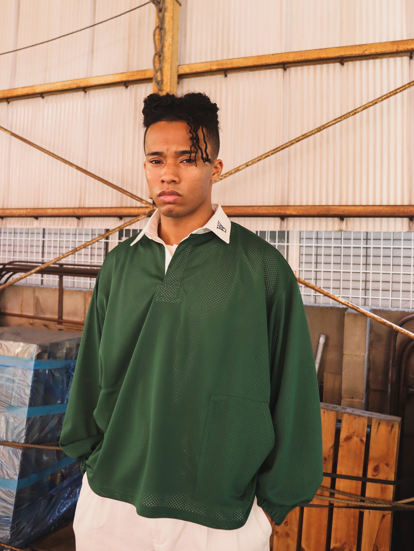 WOODBLOCK LS MESH RUGGER SHIRT GREEN/WHITE (WB-26SS-013)