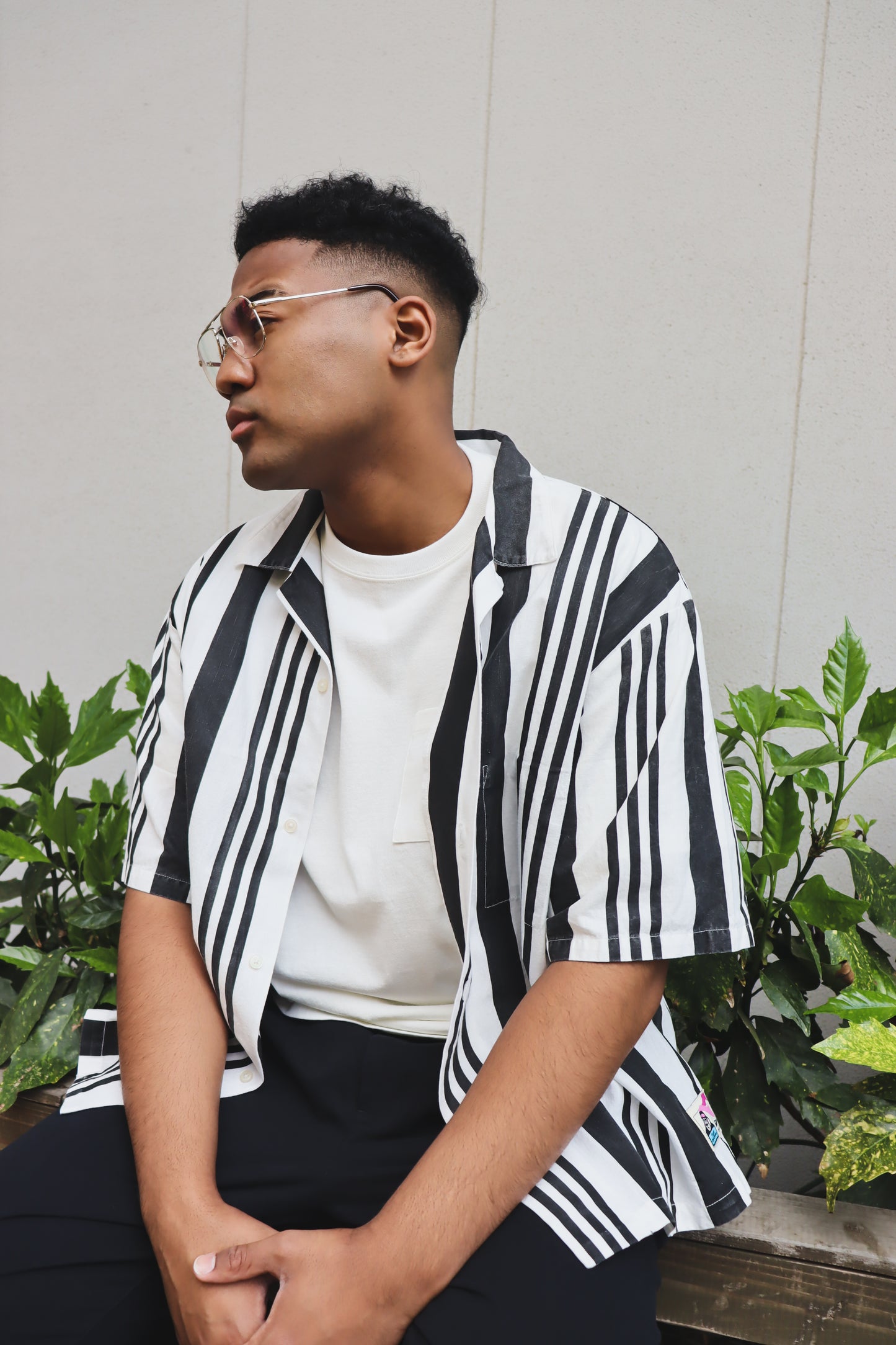 FLYING DUTCHMAN + OMAKASE + WOODBLOCK S/S STRIPE OPEN COLLAR SHIRT WHITE/BLACK (WB-26SS-016)