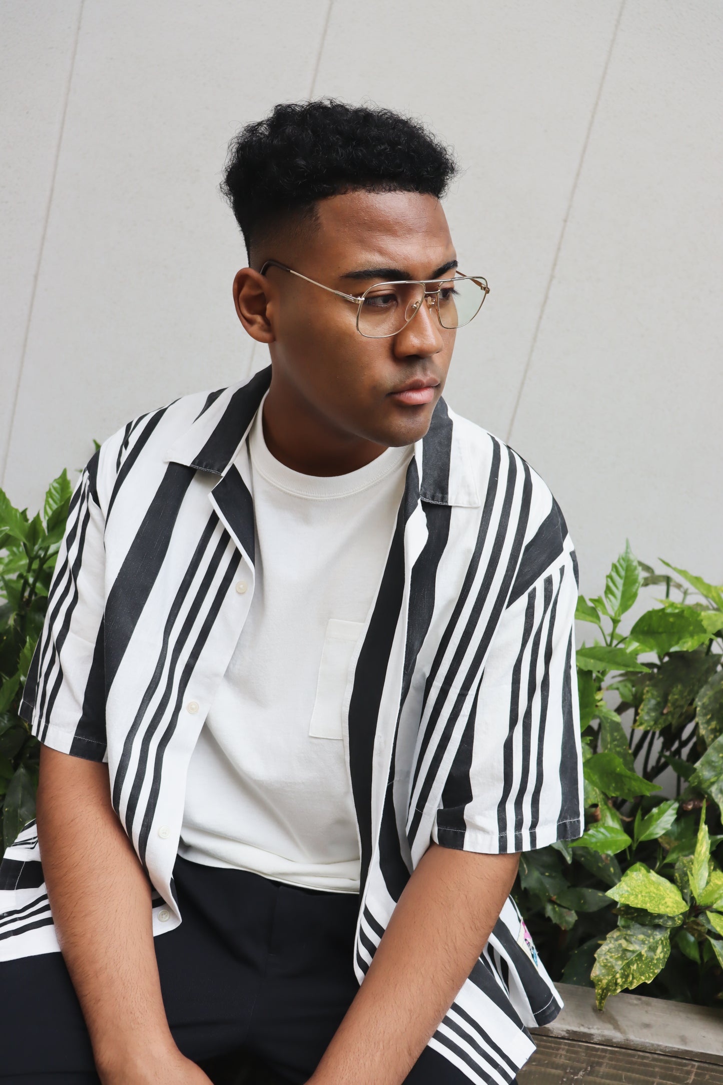 FLYING DUTCHMAN + OMAKASE + WOODBLOCK S/S STRIPE OPEN COLLAR SHIRT WHITE/BLACK (WB-26SS-016)