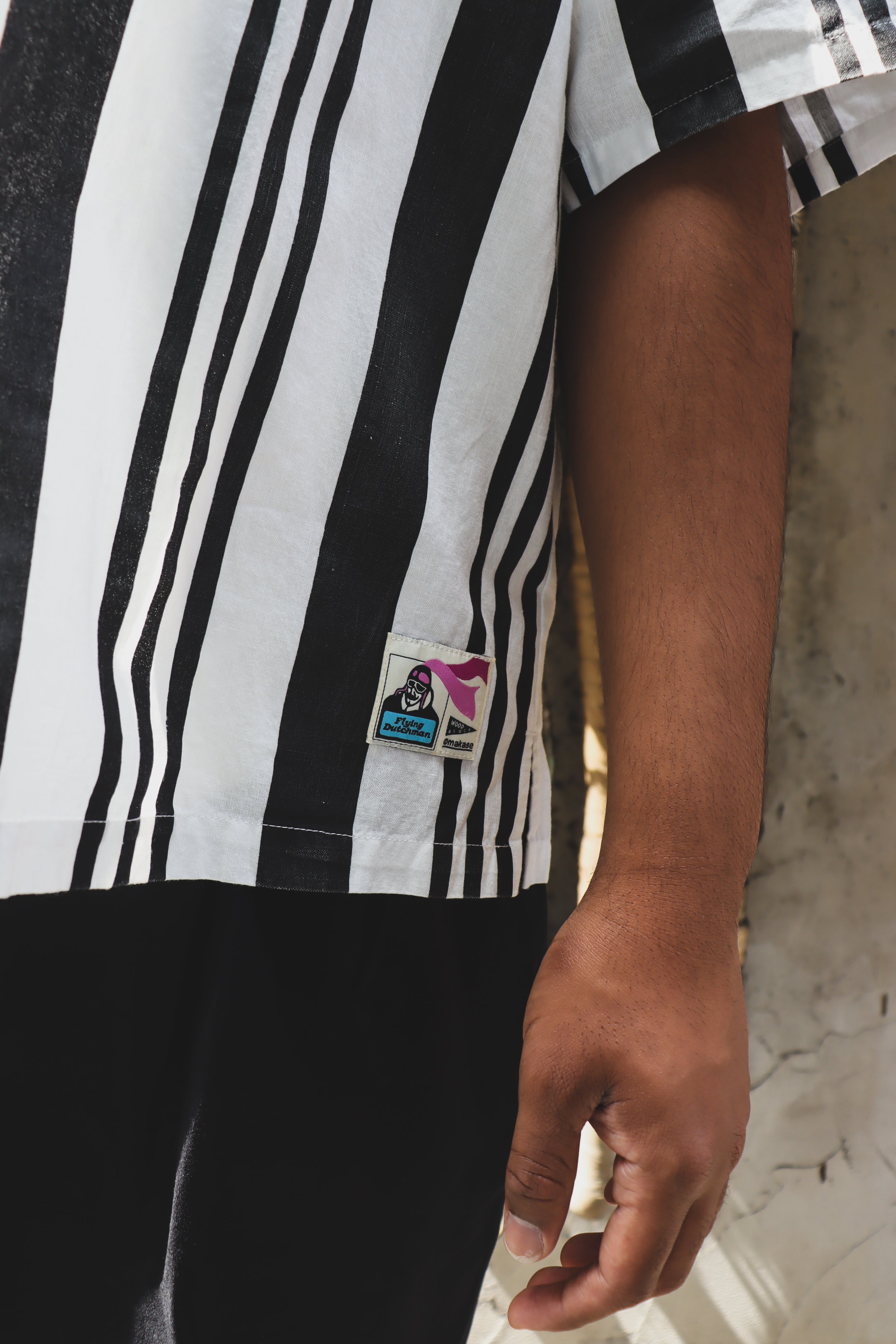 FLYING DUTCHMAN + OMAKASE + WOODBLOCK S/S STRIPE OPEN COLLAR SHIRT WHI