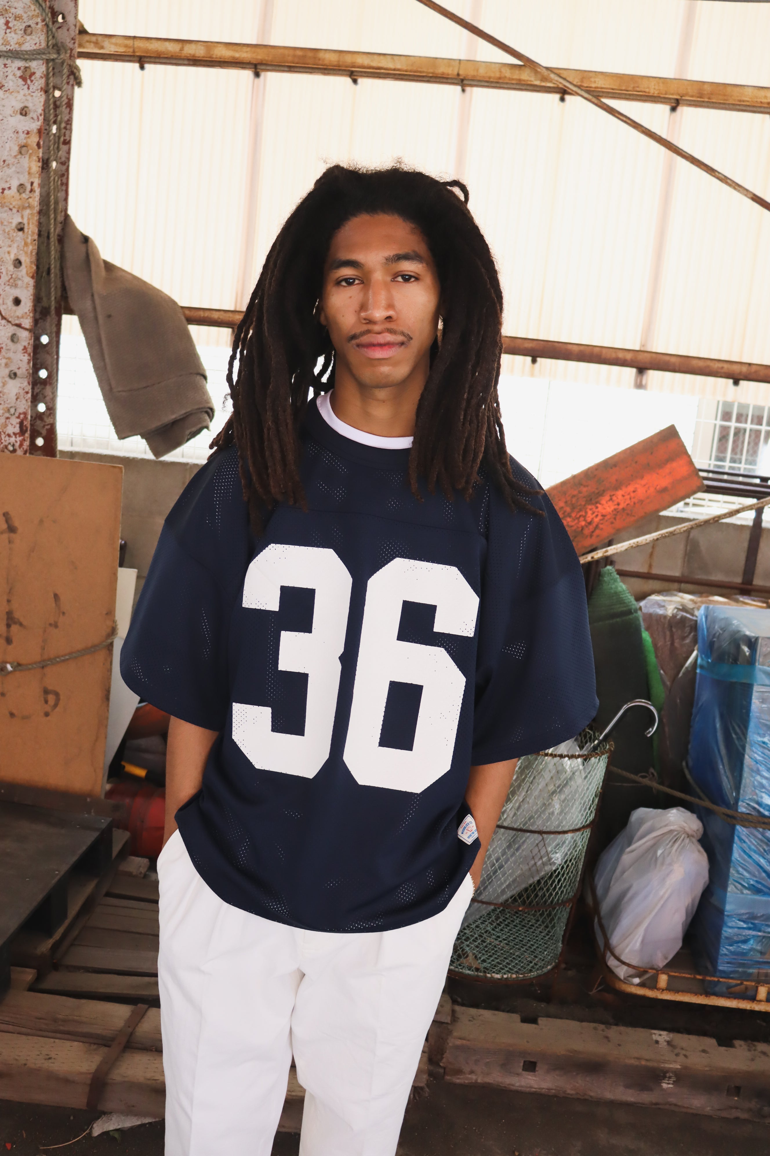 WOODBLOCK 36 S/S CREW NECK MESH FOOTBALL SHIRT NAVY/WHITE (WB-26SS-020