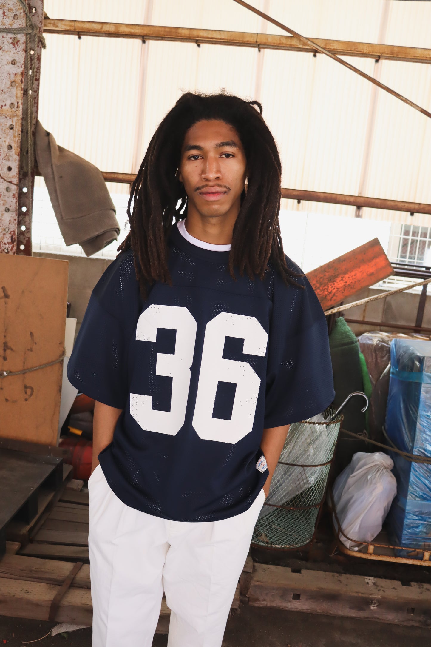 WOODBLOCK 36 S/S CREW NECK MESH FOOTBALL SHIRT NAVY/WHITE (WB-26SS-020)