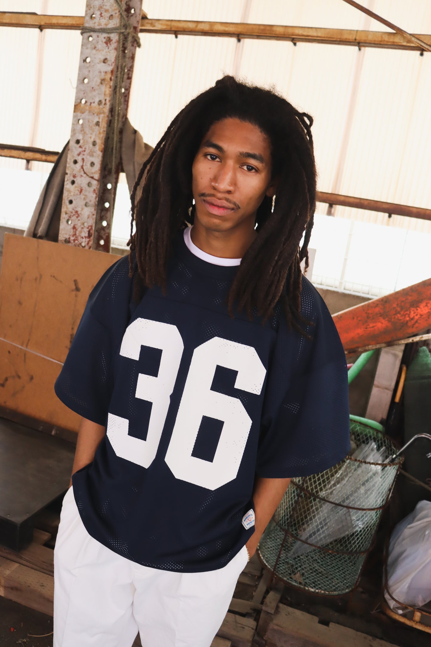 WOODBLOCK 36 S/S CREW NECK MESH FOOTBALL SHIRT NAVY/WHITE (WB-26SS-020)