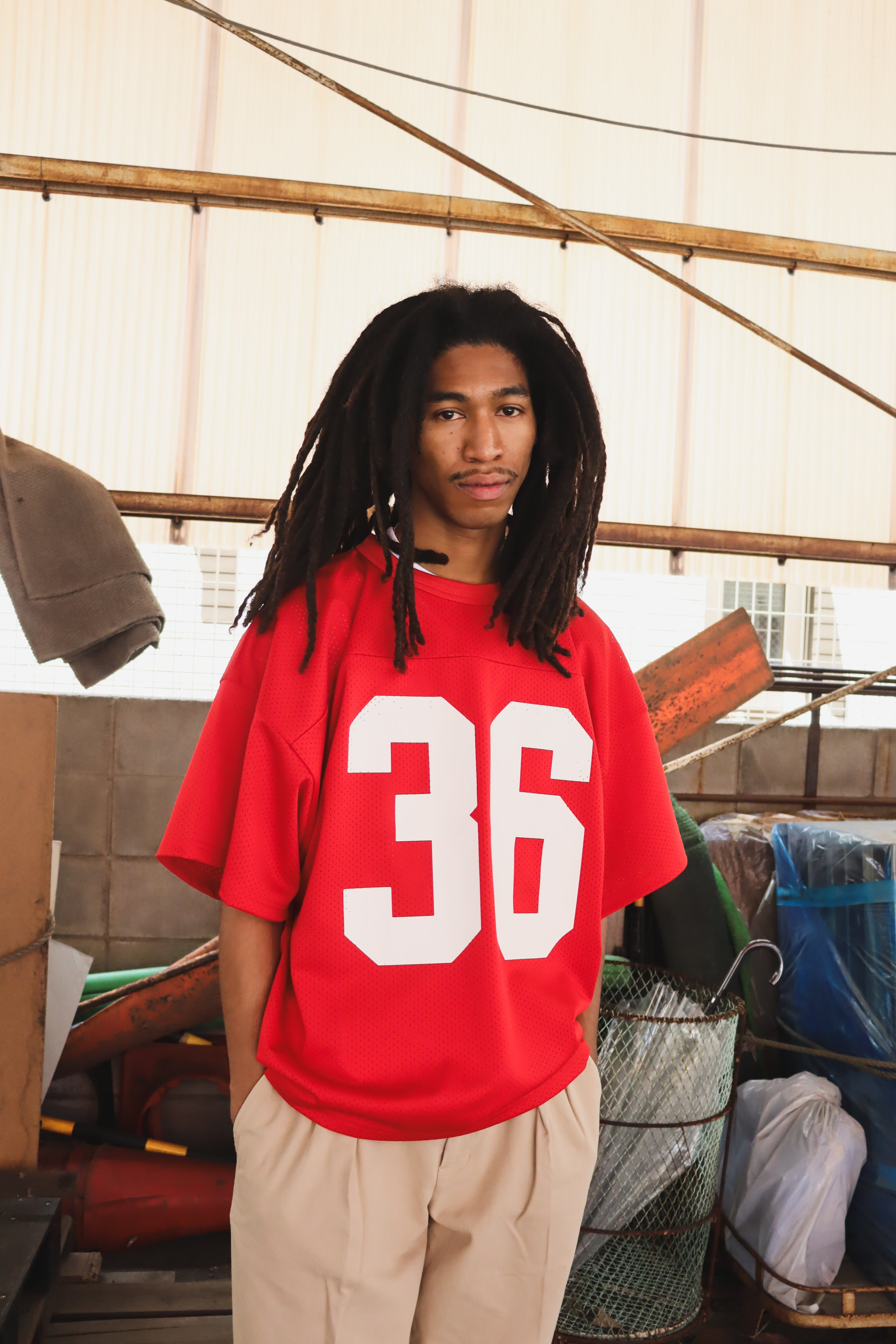 WOODBLOCK 36 S/S CREW NECK MESH FOOTBALL SHIRT RED/WHITE (WB-26SS-020)