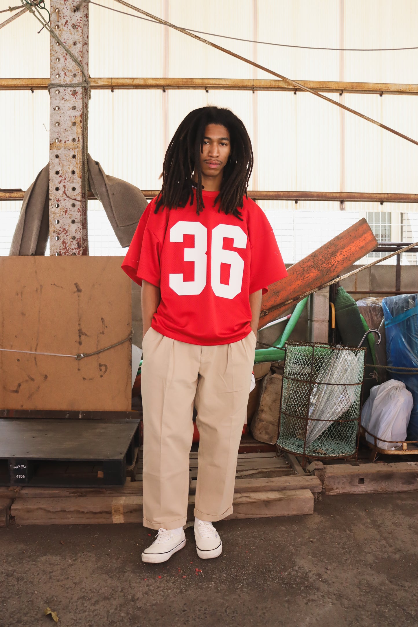 WOODBLOCK 36 S/S CREW NECK MESH FOOTBALL SHIRT RED/WHITE (WB-26SS-020)