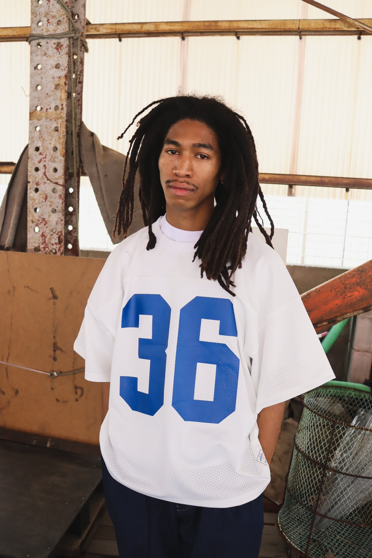 WOODBLOCK 36 S/S CREW NECK MESH FOOTBALL SHIRT WHITE/BLUE (WB-26SS-020)