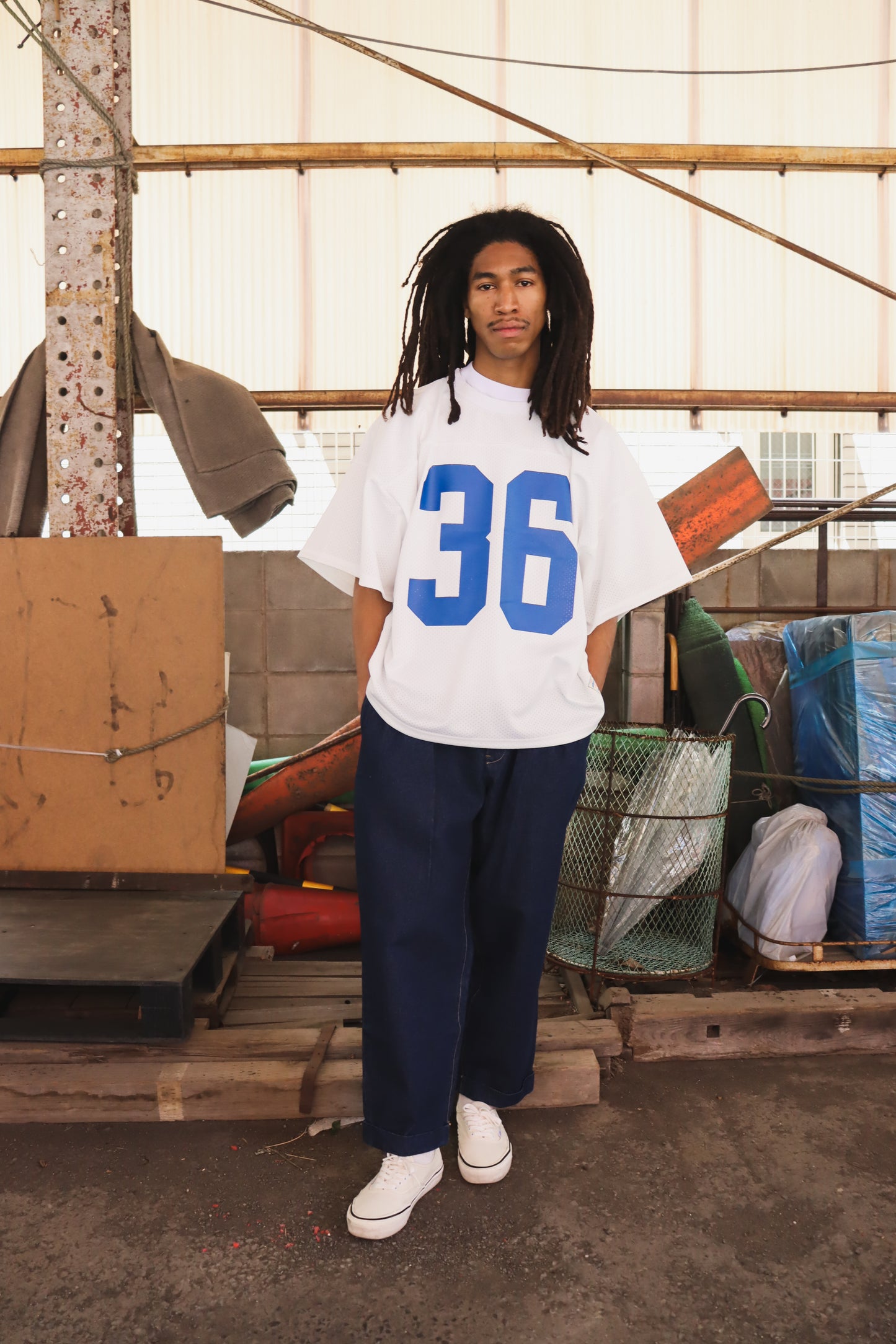 WOODBLOCK 36 S/S CREW NECK MESH FOOTBALL SHIRT WHITE/BLUE (WB-26SS-020)