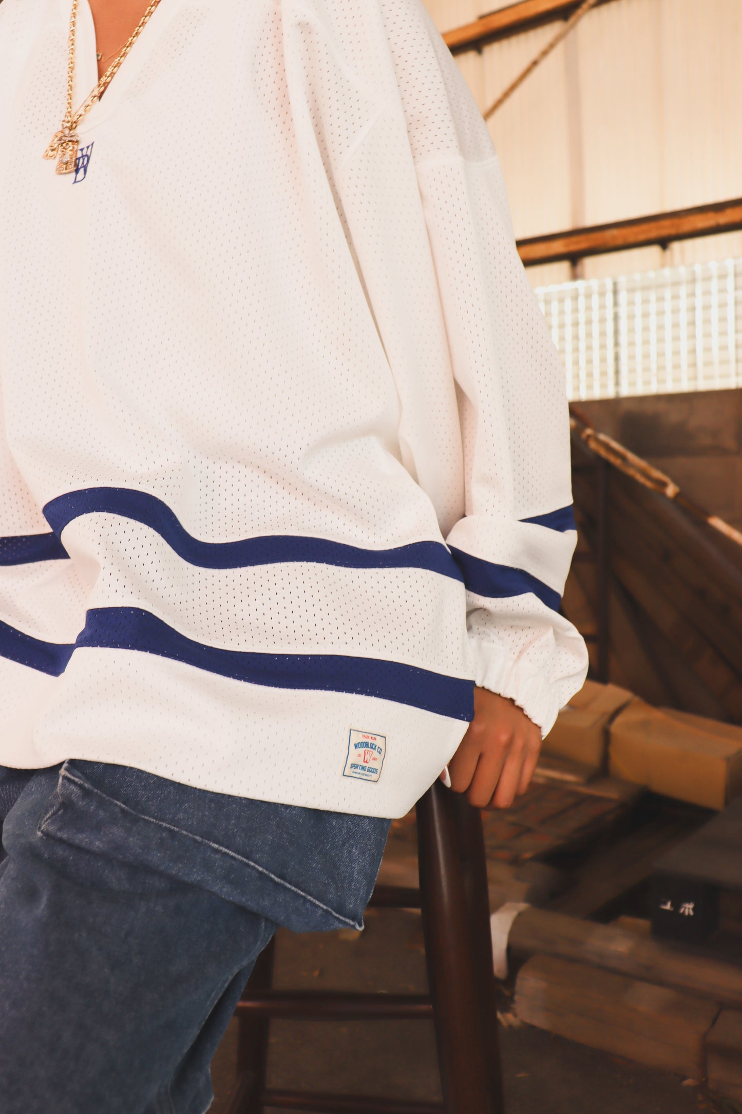 WOODBLOCK LS MESH HOCKEY JERSEY WHITE/BLUE (WB-26AW-001)