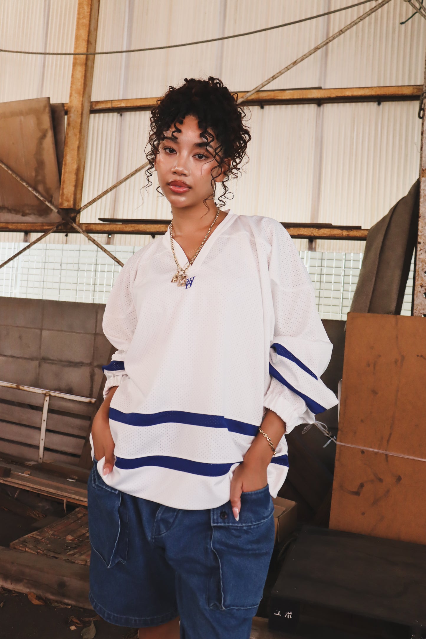 WOODBLOCK LS MESH HOCKEY JERSEY WHITE/BLUE (WB-26AW-001)