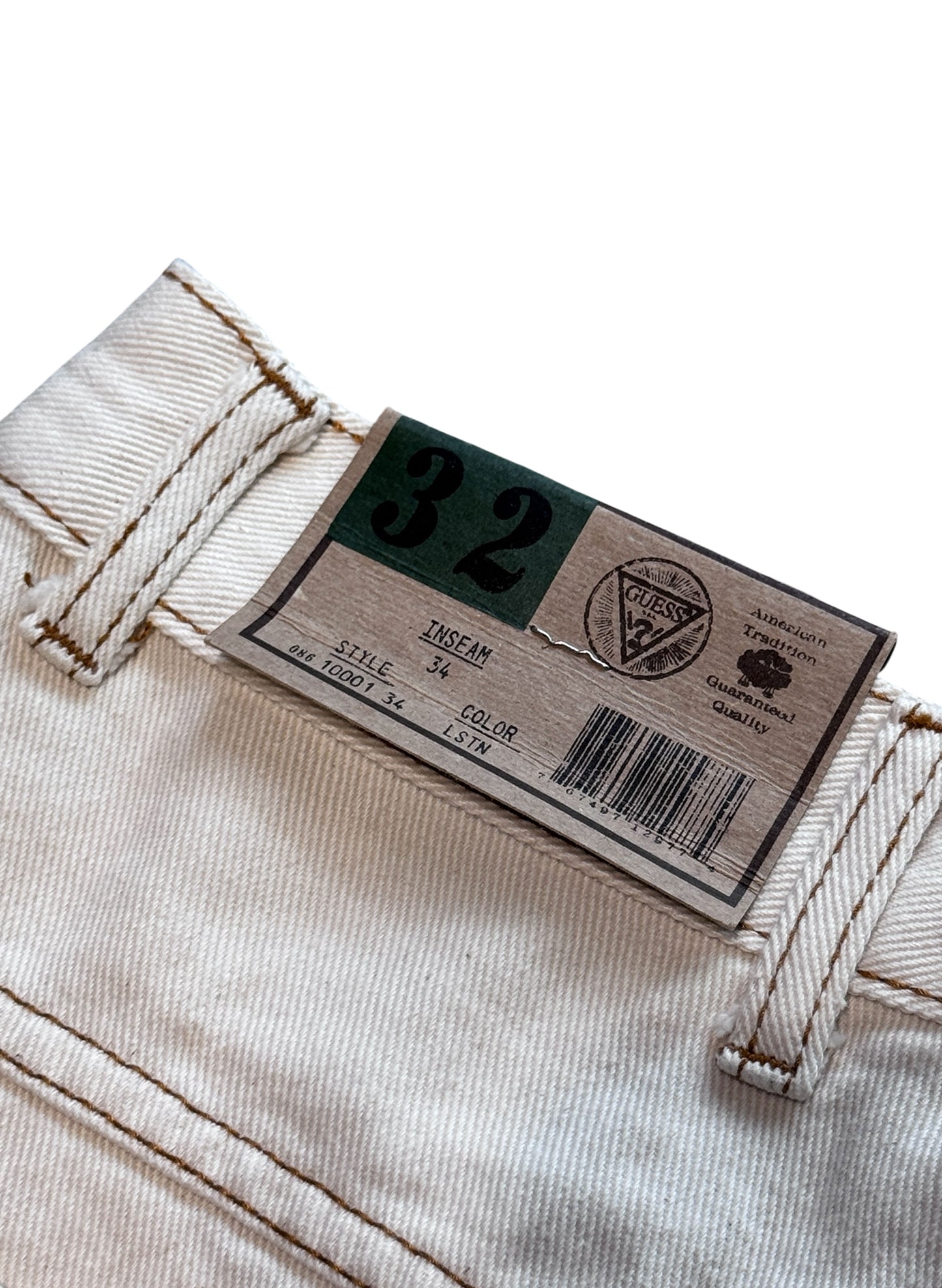 (SUP-722) DEADSTOCK GUESS DENIM JORTS "NATURAL" CAMEL STITCH - MADE IN U.S.A.