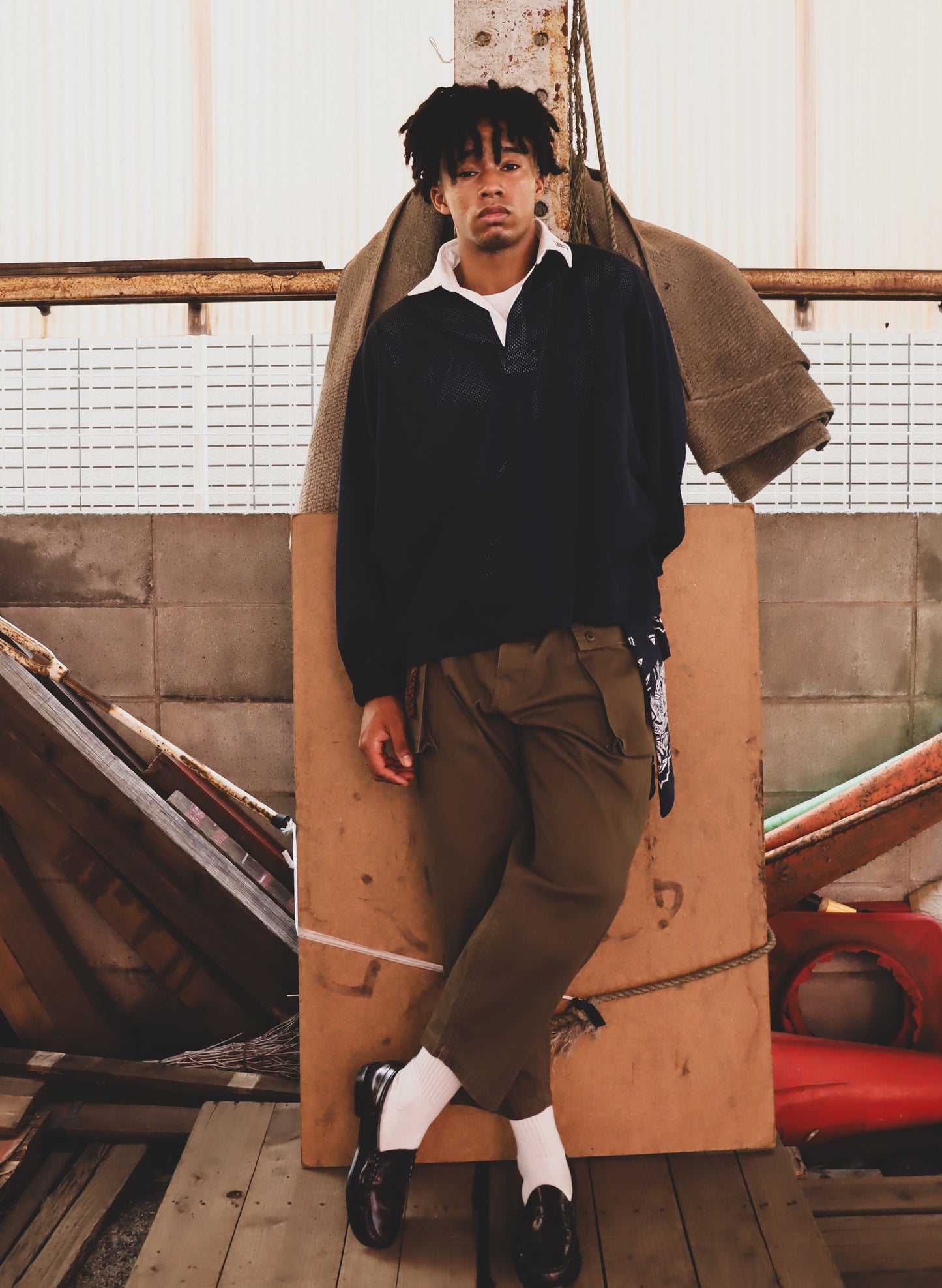 WOODBLOCK LS MESH RUGGER SHIRT NAVY/WHITE (WB-25AW-003)