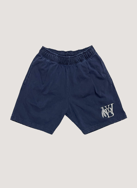 (WB-24SS-059) WOODBLOCK CUSTOMIZED EMBROIDERY & DISTRESSED EFFECT PIGMENT SHORTS NAVY