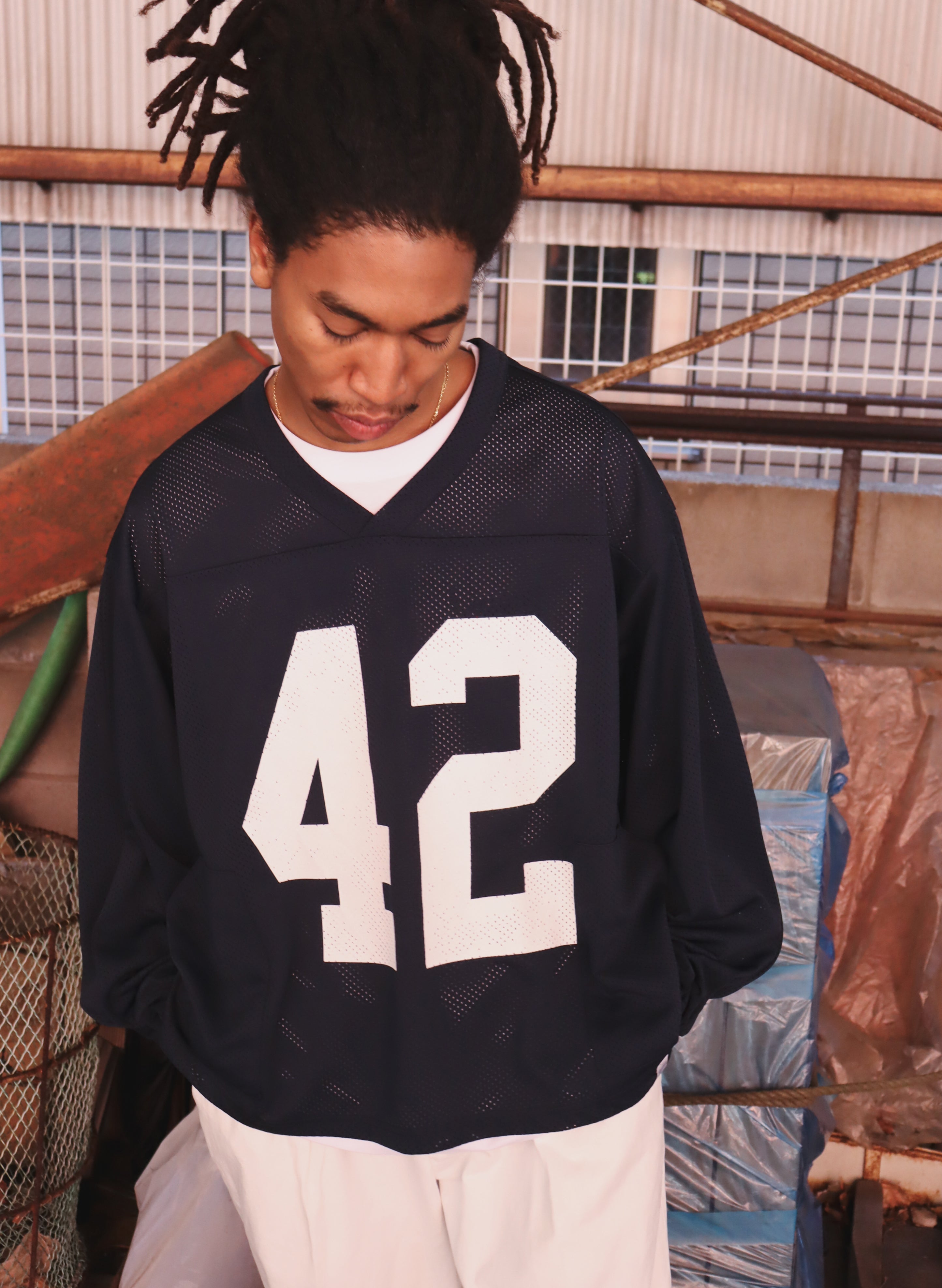 WOODBLOCK 42 MESH FOOTBALL LS SHIRT NAVY/WHITE (WB-26SS-007)