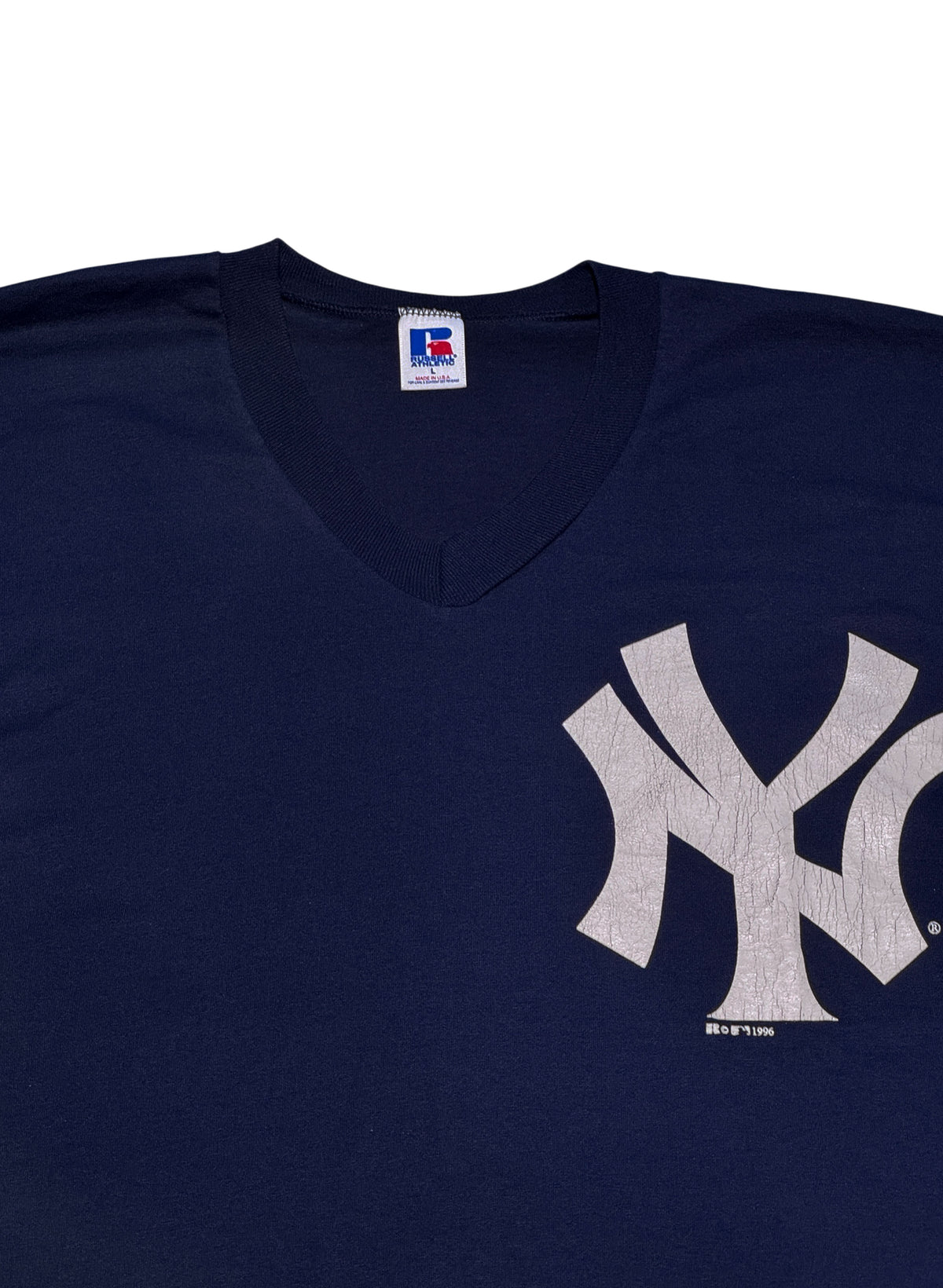 (SUP-850) RUSSELL ATHLETIC MLB 1996 NEW YORK YANKEES V-NECK TEE (L) - MADE IN U.S.A.