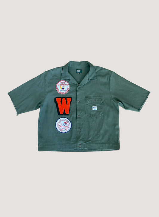 (WB-24SS-044) WOODBLOCK CUSTOMIZED CUT-OFF SLEEVE PATCHED OPEN COLLAR SHIRT