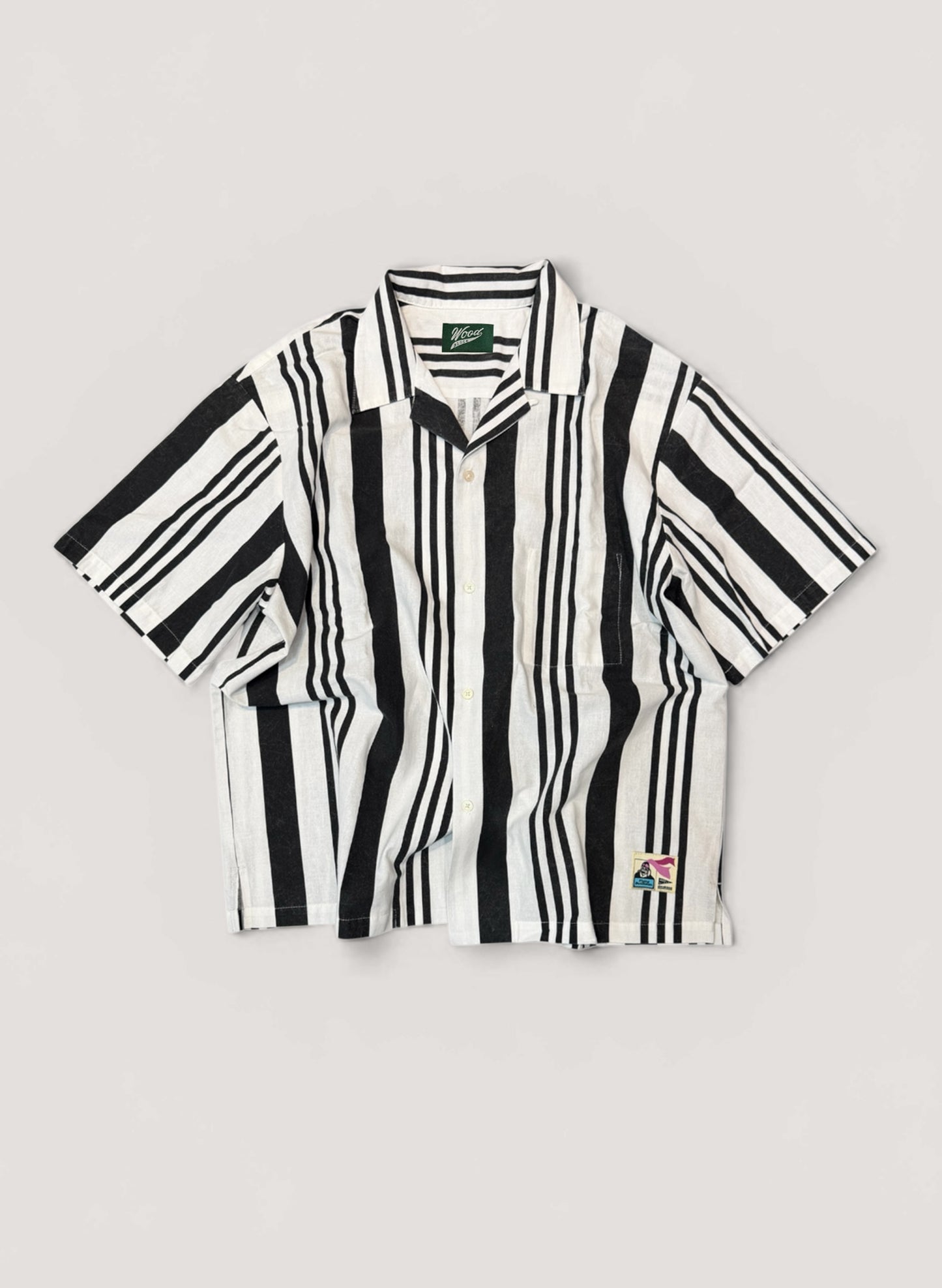 FLYING DUTCHMAN + OMAKASE + WOODBLOCK S/S STRIPE OPEN COLLAR SHIRT WHITE/BLACK (WB-26SS-016)