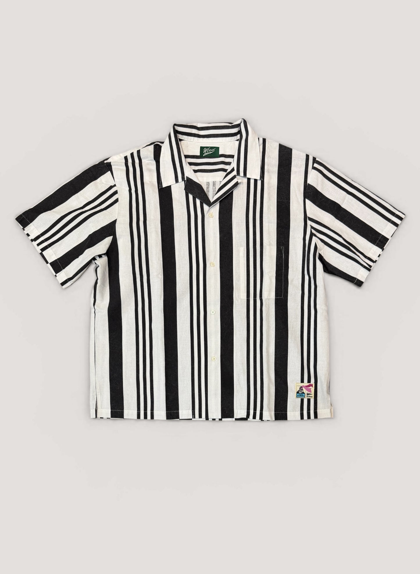 FLYING DUTCHMAN + OMAKASE + WOODBLOCK S/S STRIPE OPEN COLLAR SHIRT WHITE/BLACK (WB-26SS-016)
