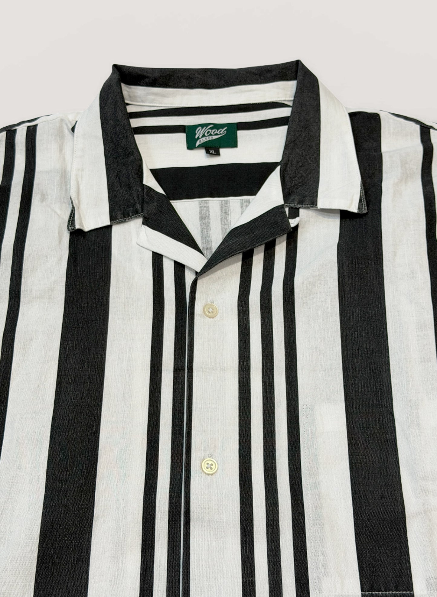 FLYING DUTCHMAN + OMAKASE + WOODBLOCK S/S STRIPE OPEN COLLAR SHIRT WHITE/BLACK (WB-26SS-016)