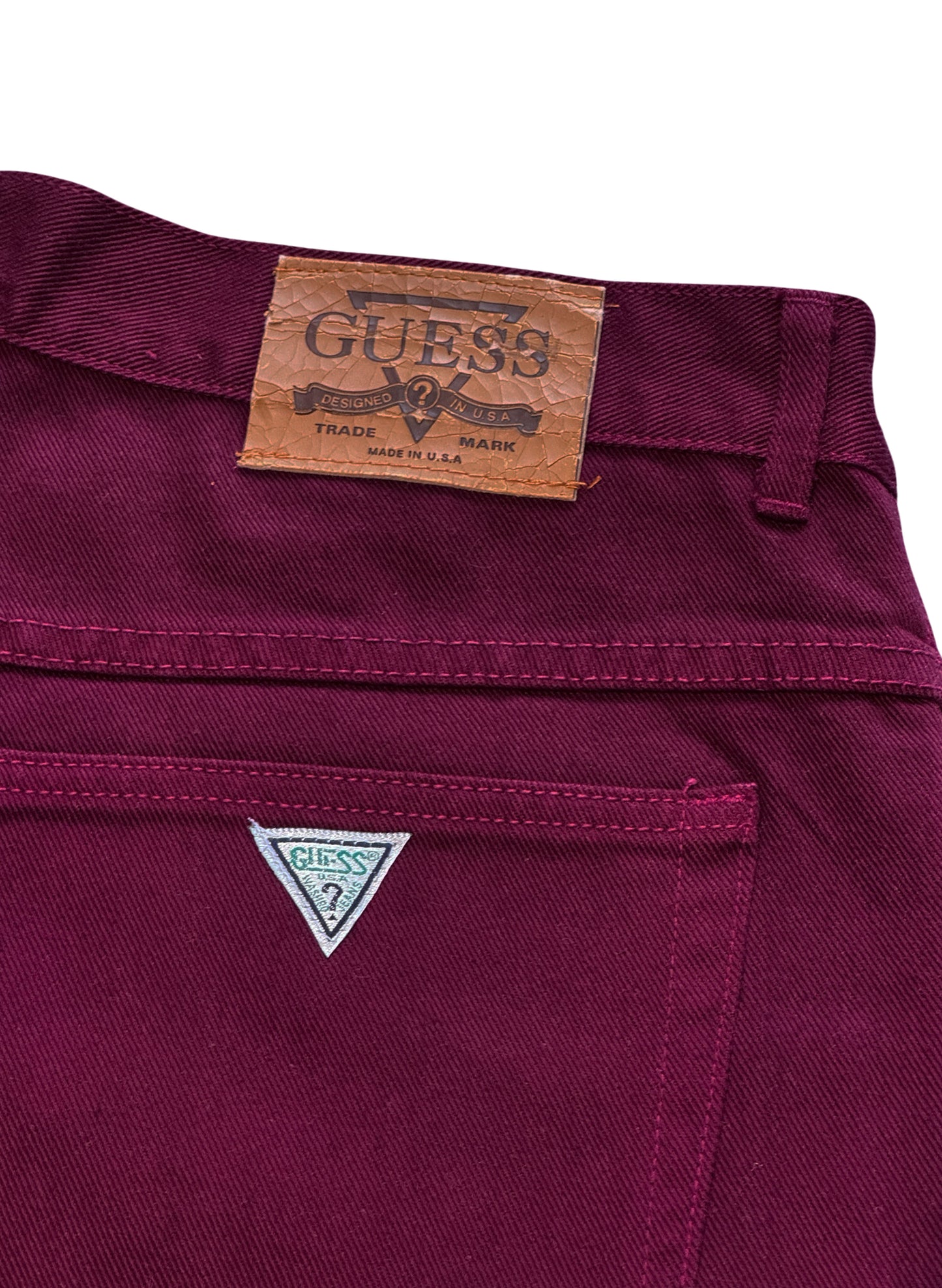 (SUP-715) DEADSTOCK GUESS DENIM JORTS "BURGUNDY" - MADE IN U.S.A.