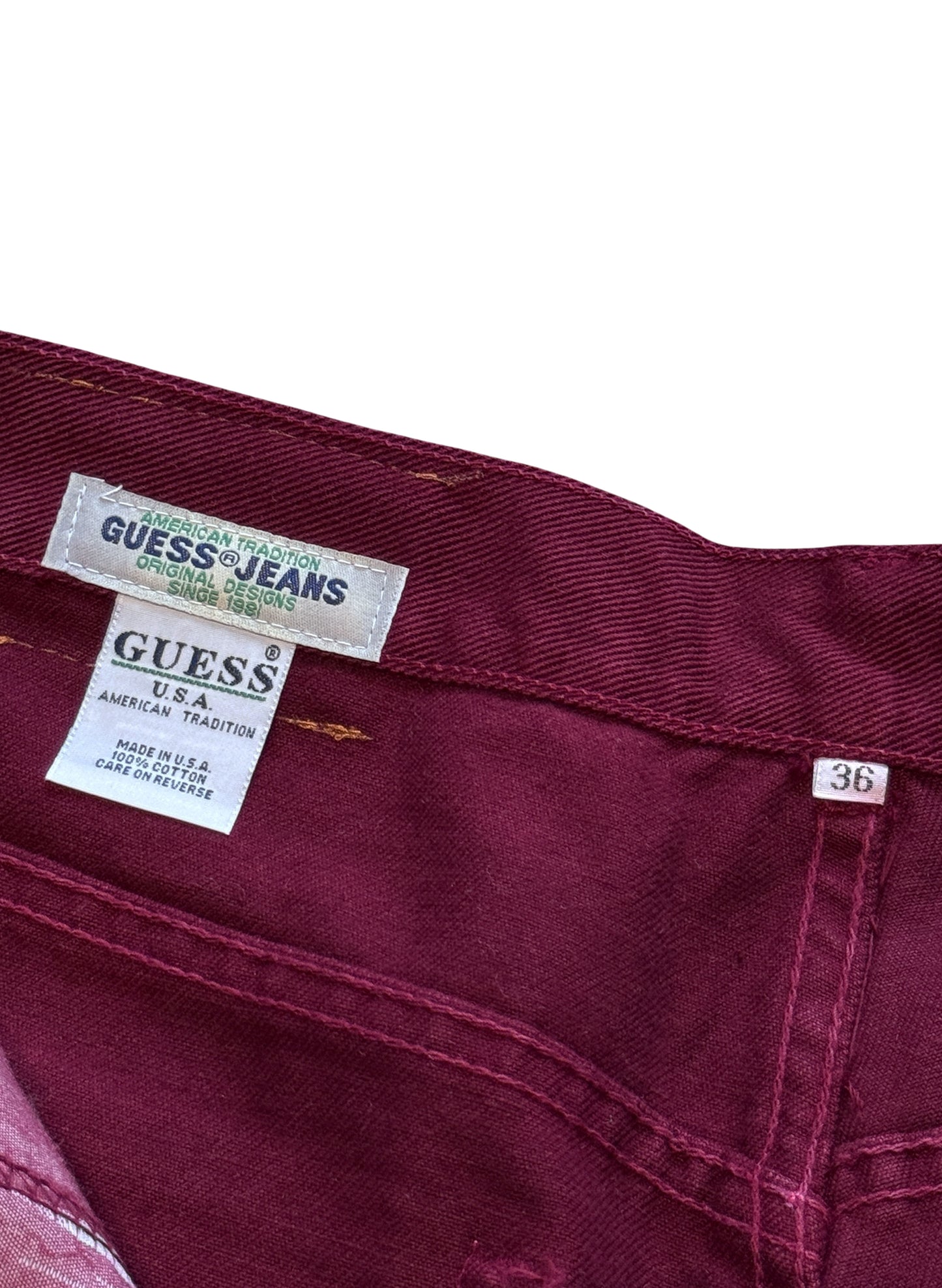 (SUP-715) DEADSTOCK GUESS DENIM JORTS "BURGUNDY" - MADE IN U.S.A.