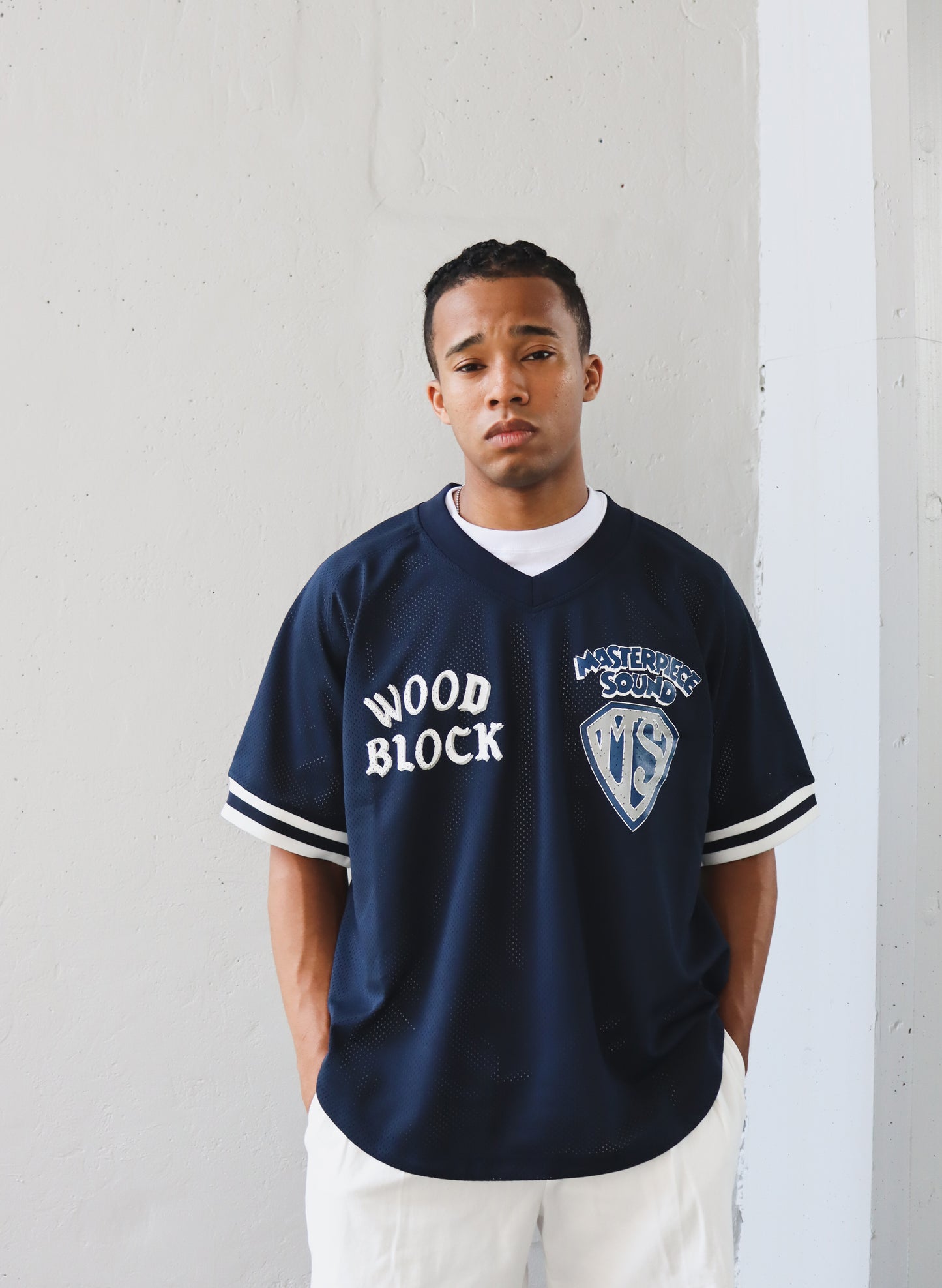 WOODBLOCK x MASTERPIECE SOUND V-NECK GAME SHIRT NAVY (WB-26SS-022)