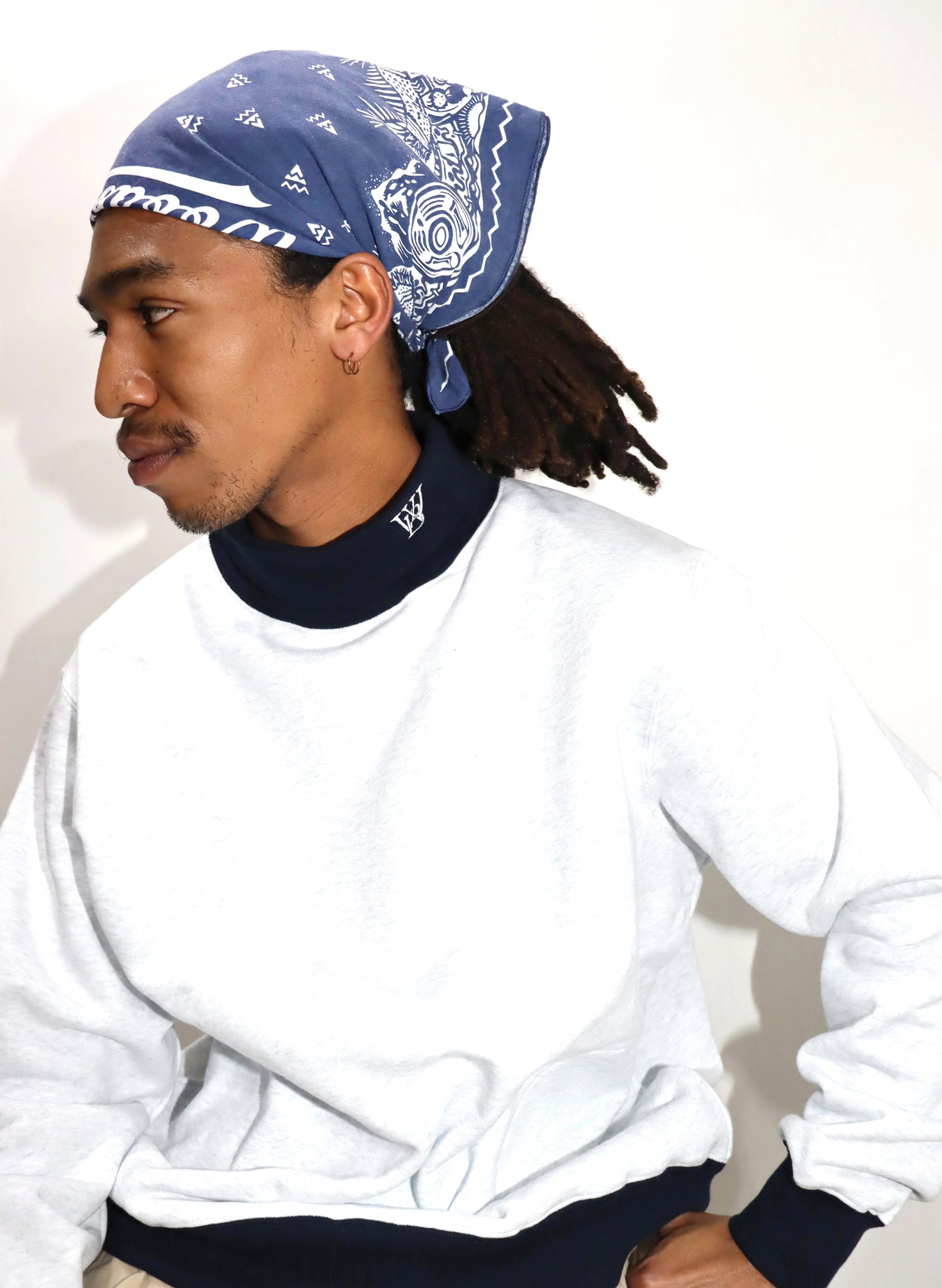 WOODBLOCK BANDANA SCARF NAVY/WHITE(WB-25SS-001)