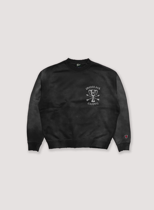 WOODBLOCK CHAMPS FADED & DAMAGE CREW NECK SWEAT(23SS-008-BLACK)