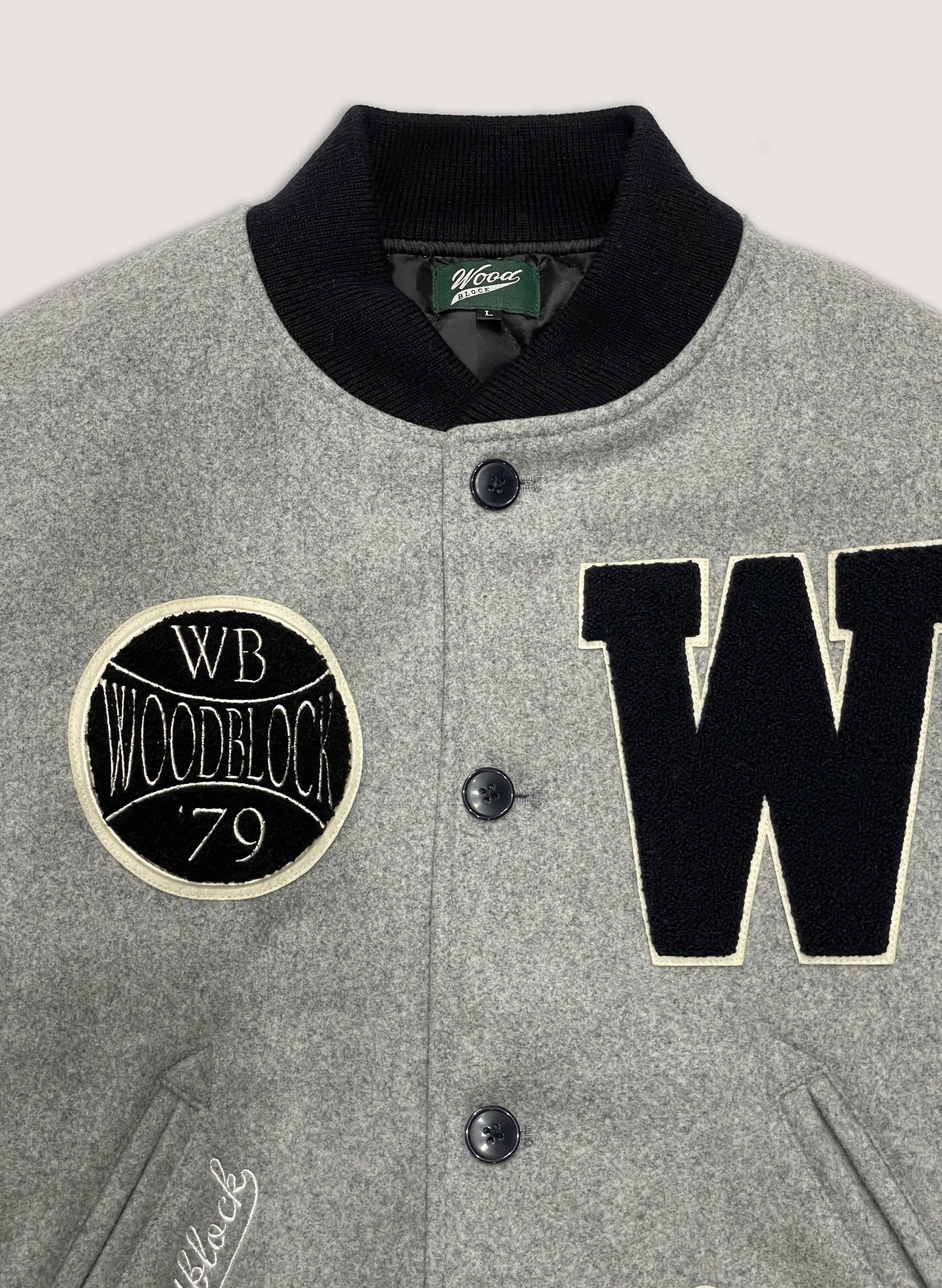 WOODBLOCK CHENILLE PATCHED MELTON VARSITY JACKET GREY/NAVY(WB-23AW-039)