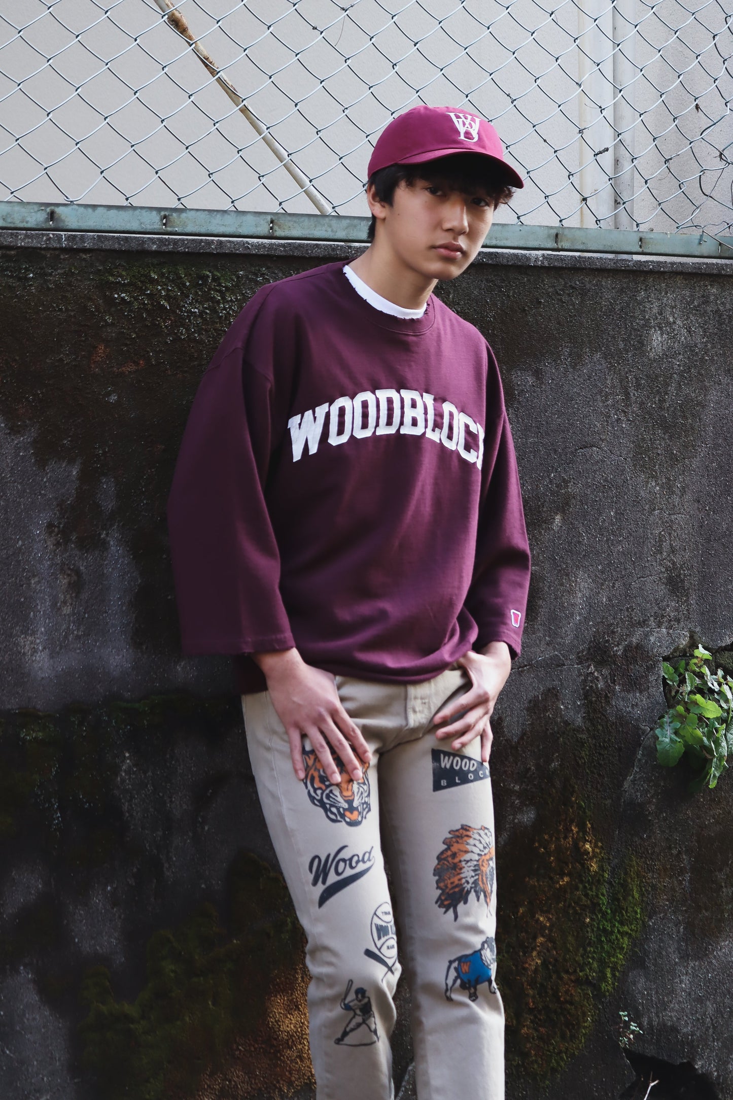 WOODBLOCK CUT OFF CREW NECK(23SS-006-BORDEAUX)